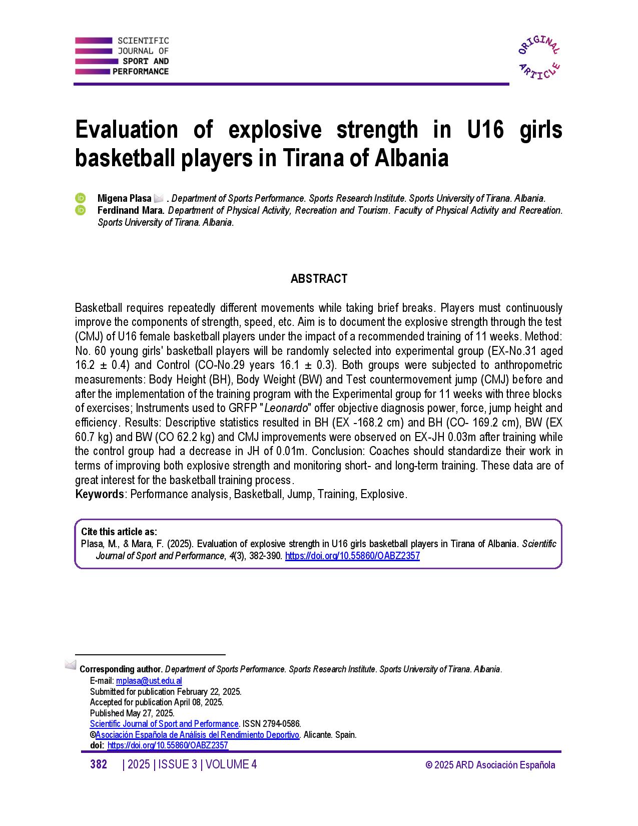 Evaluation of explosive strength in U16 girls basketball players in Tirana of Albania
