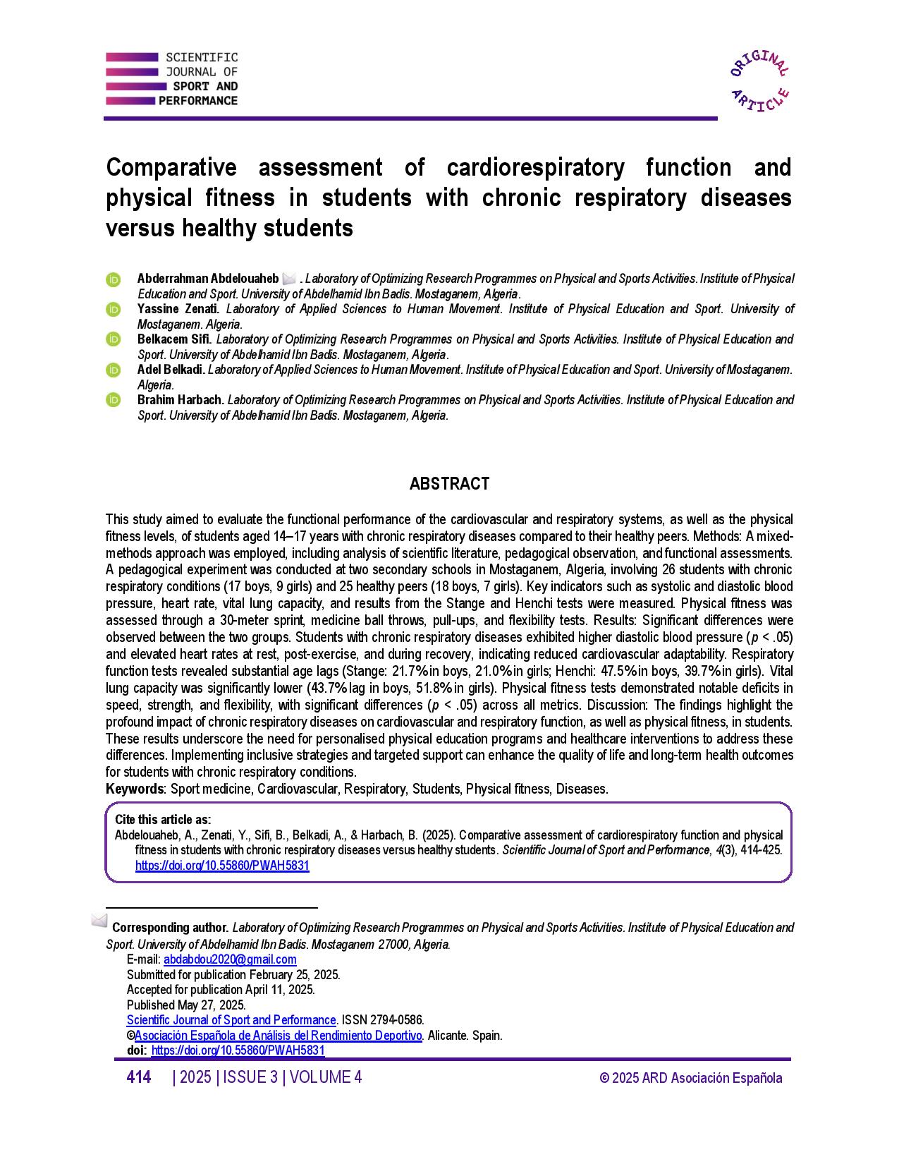 Comparative assessment of cardiorespiratory function and physical fitness in students with chronic respiratory diseases versus healthy students