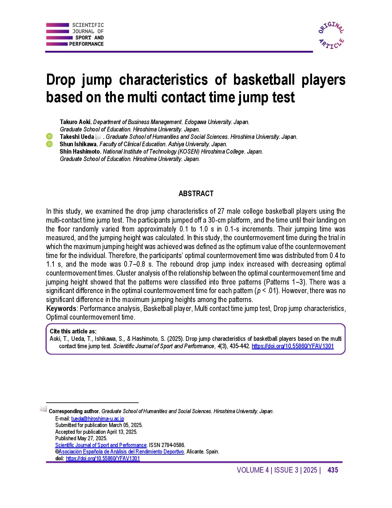 Drop jump characteristics of basketball players based on the multi contact time jump test