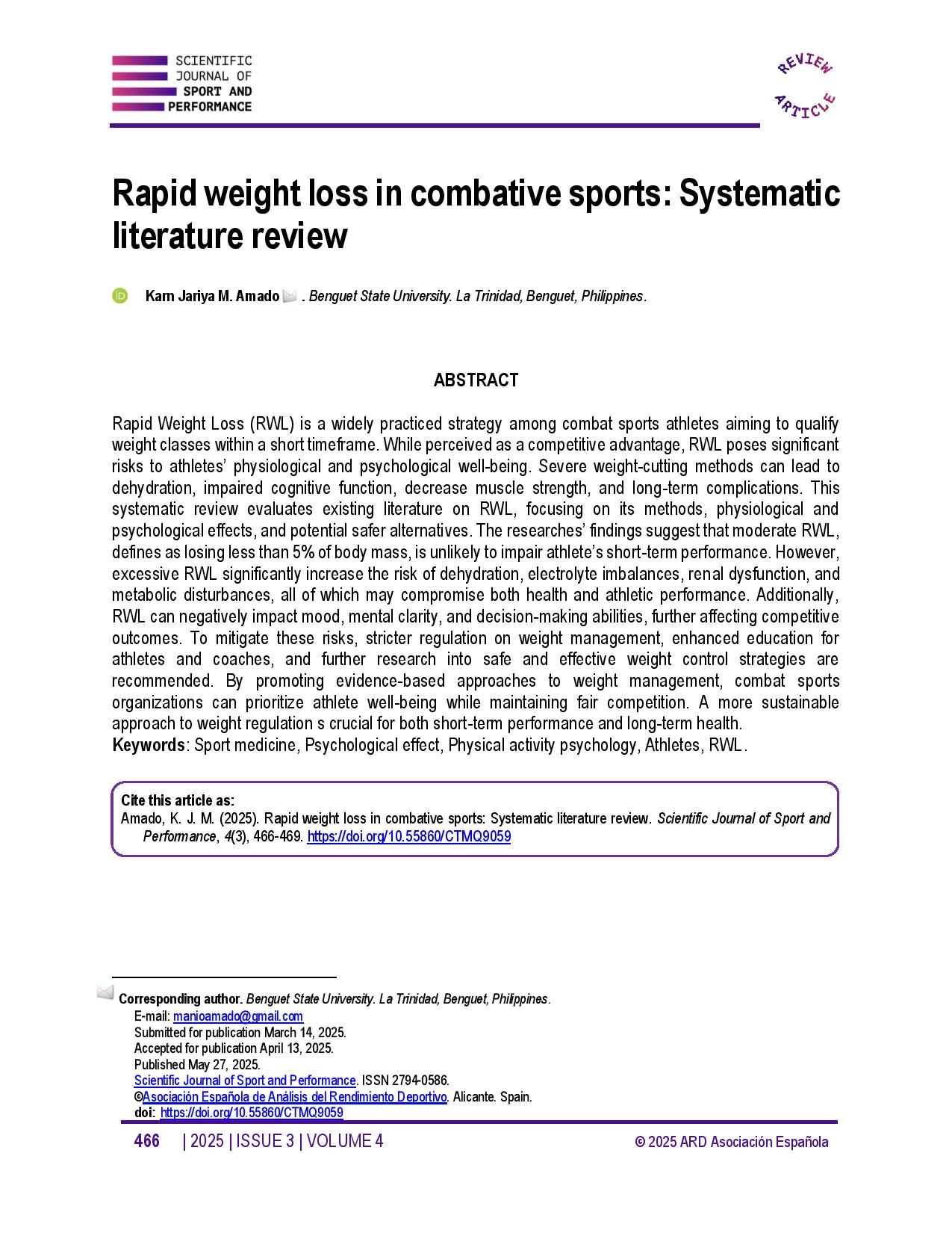 Rapid weight loss in combative sports: Systematic literature review