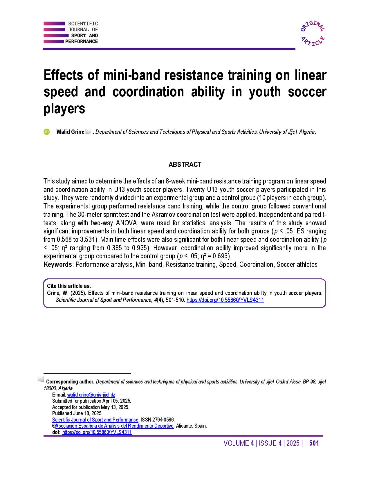 Effects of mini-band resistance training on linear speed and coordination ability in youth soccer players