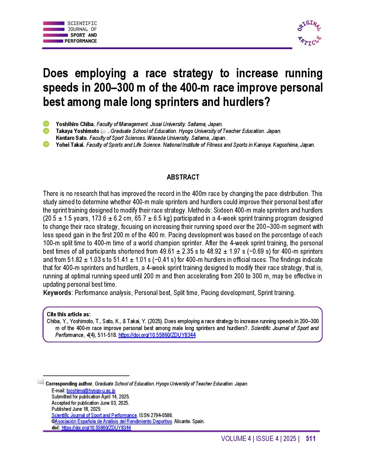 Does employing a race strategy to increase running speeds in 200–300 m of the 400-m race improve personal best among male long sprinters and hurdlers?