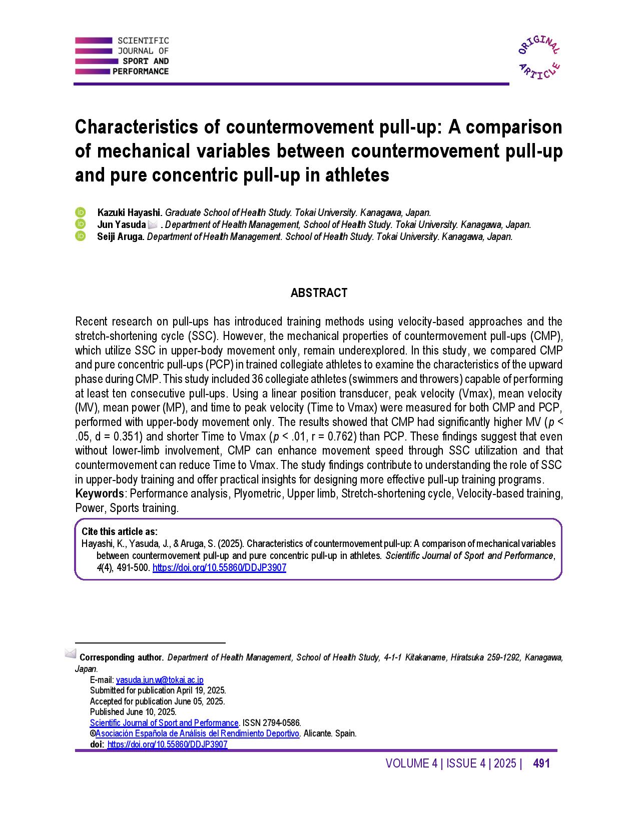 Characteristics of countermovement pull-up: A comparison of mechanical variables between countermovement pull-up and pure concentric pull-up in athletes