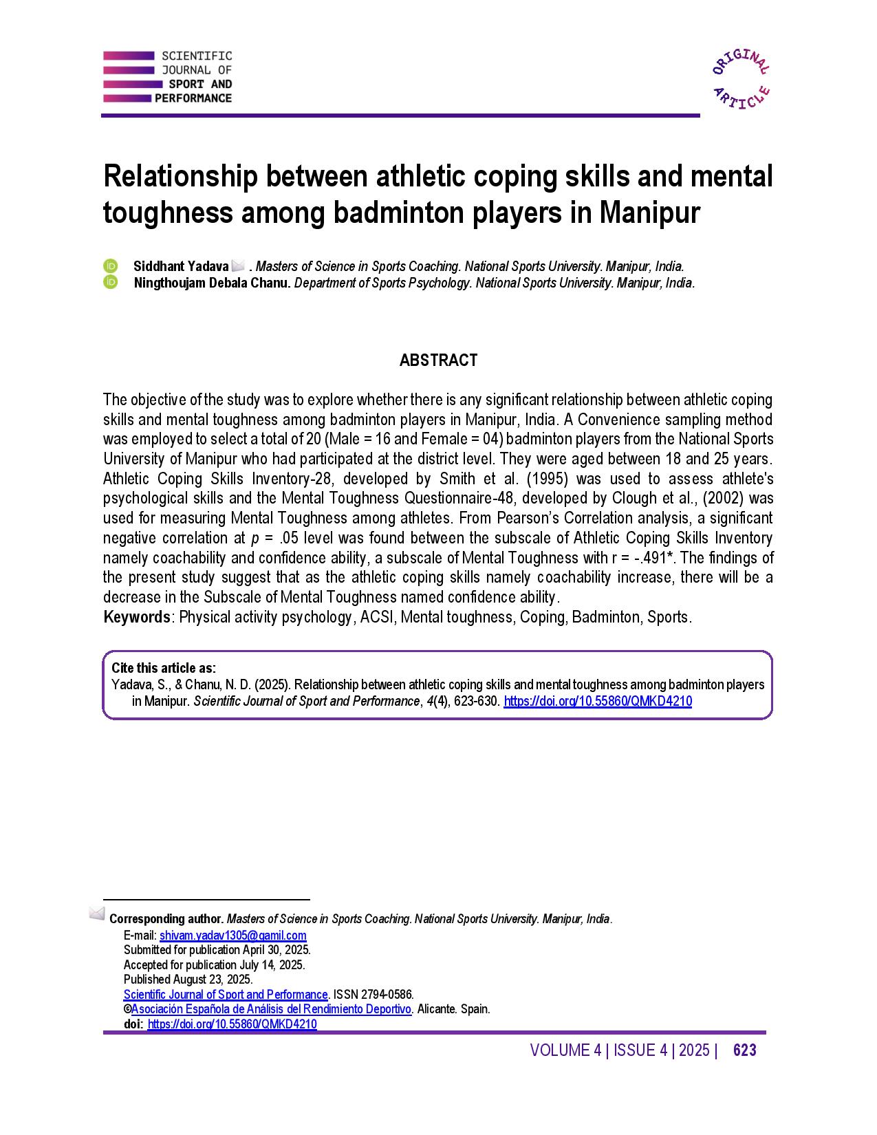 Relationship between athletic coping skills and mental toughness among badminton players in Manipur