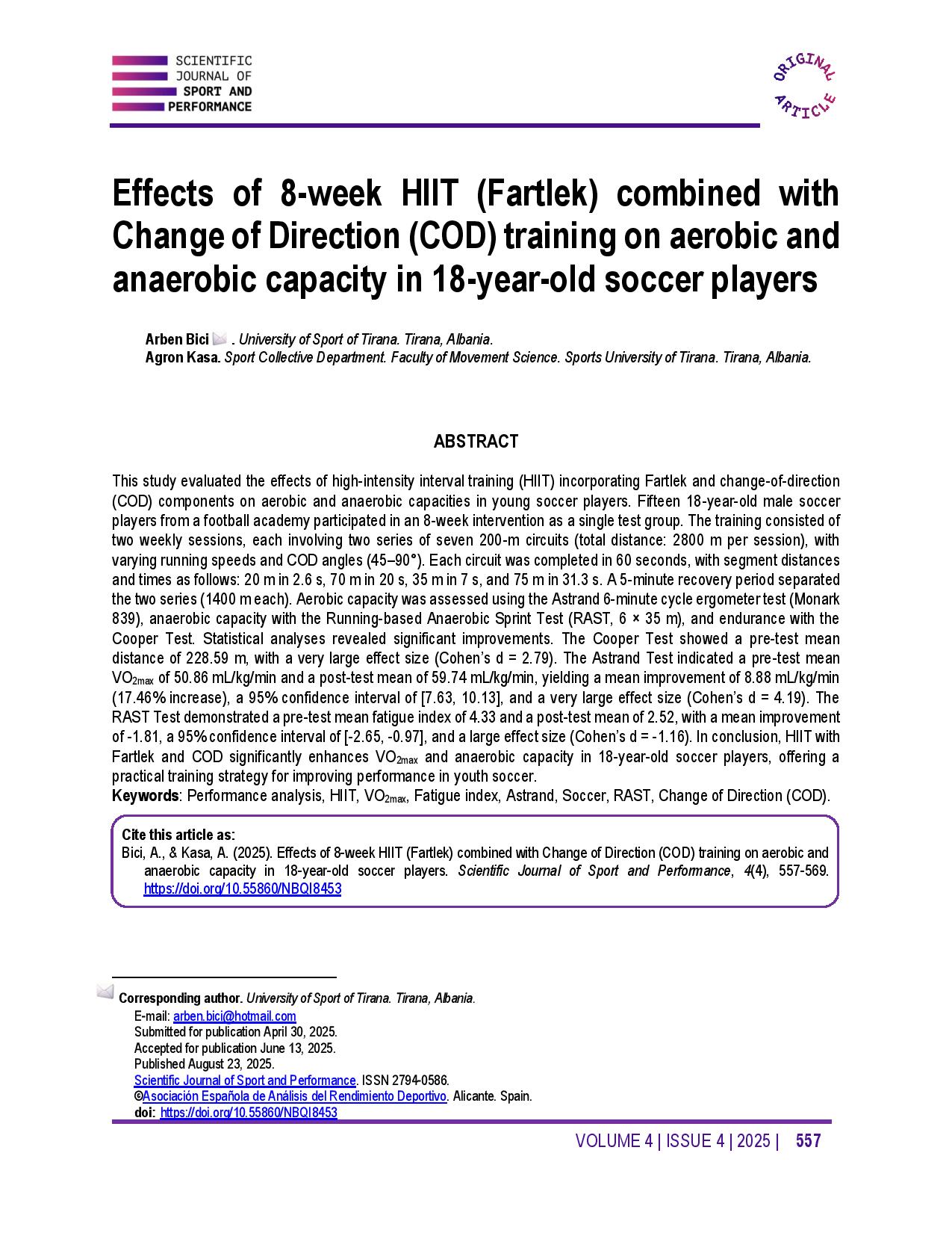 Effects of 8-week HIIT (Fartlek) combined with Change of Direction (COD) training on aerobic and anaerobic capacity in 18-year-old soccer players