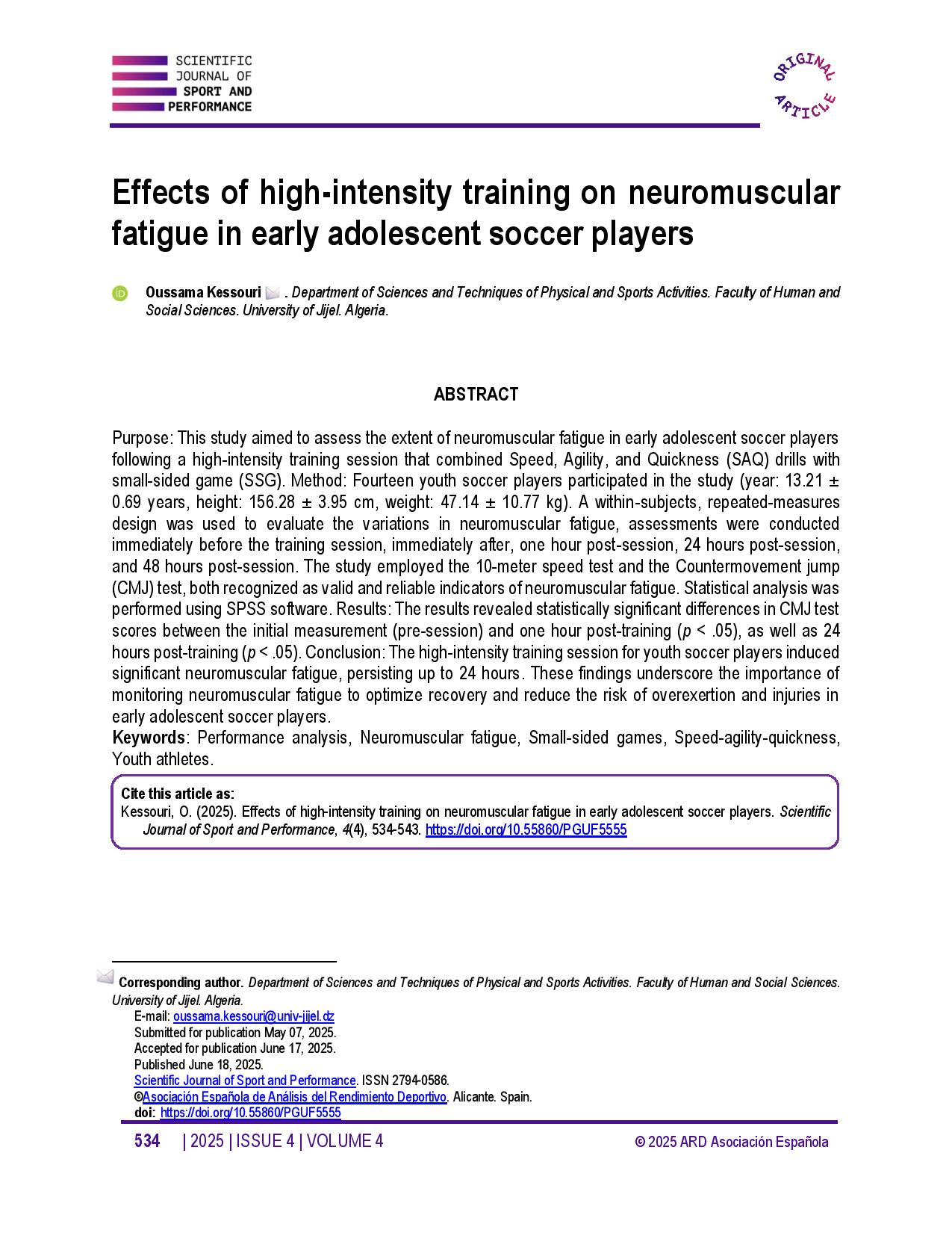 Effects of high-intensity training on neuromuscular fatigue in early adolescent soccer players