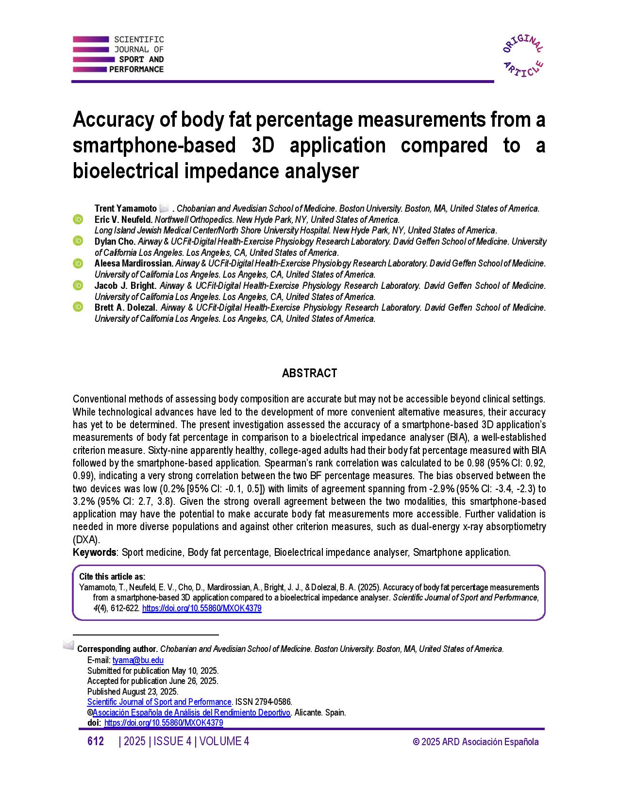 Accuracy of body fat percentage measurements from a smartphone-based 3D application compared to a bioelectrical impedance analyser