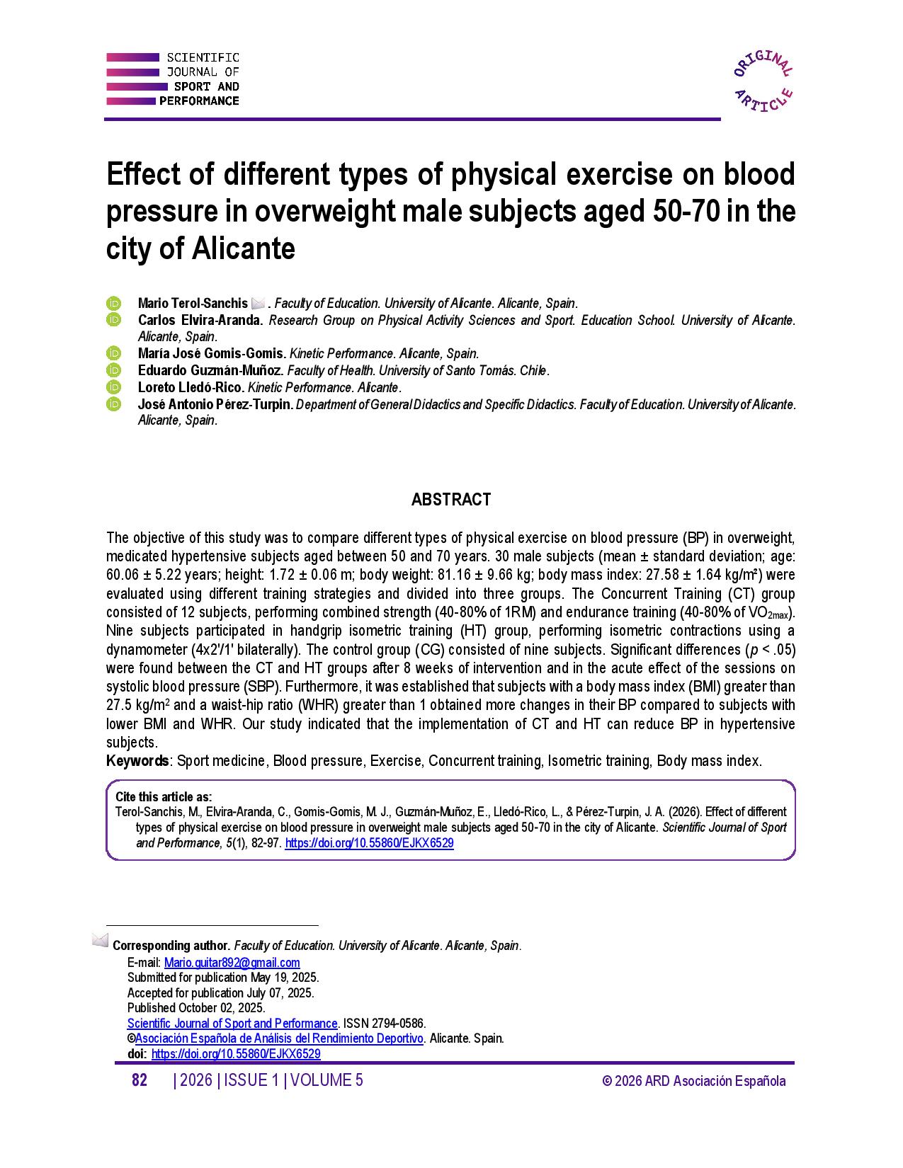 Effect of different types of physical exercise on blood pressure in overweight male subjects aged 50-70 in the city of Alicante