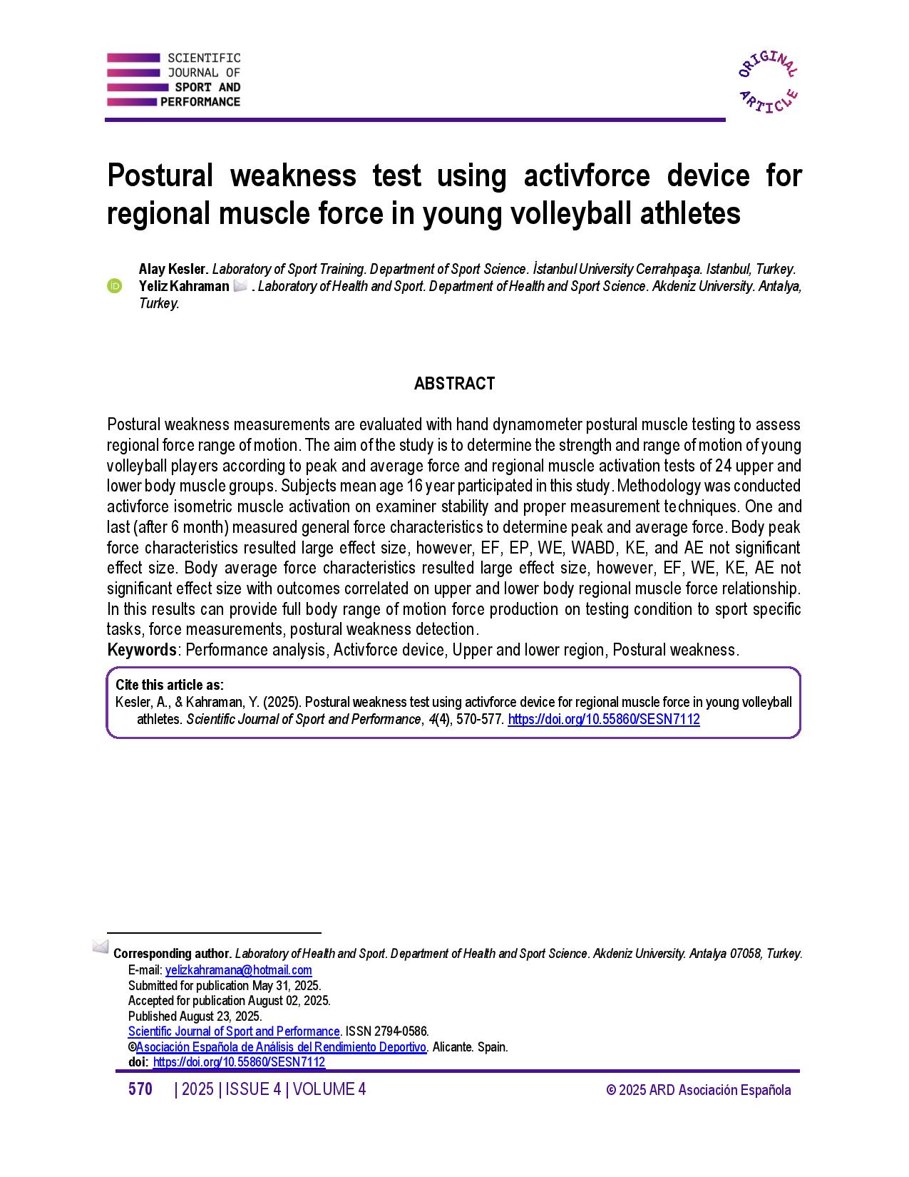 Postural weakness test using activforce device for regional muscle force in young volleyball athletes
