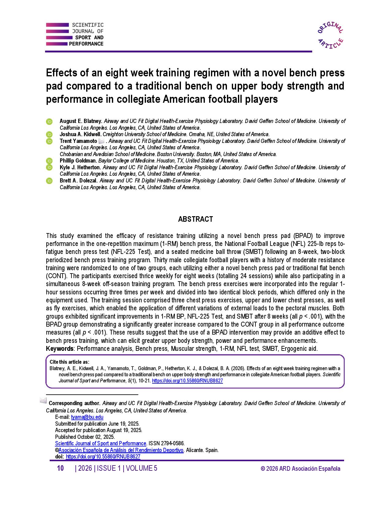 Effects of an eight week training regimen with a novel bench press pad compared to a traditional bench on upper body strength and performance in collegiate American football players