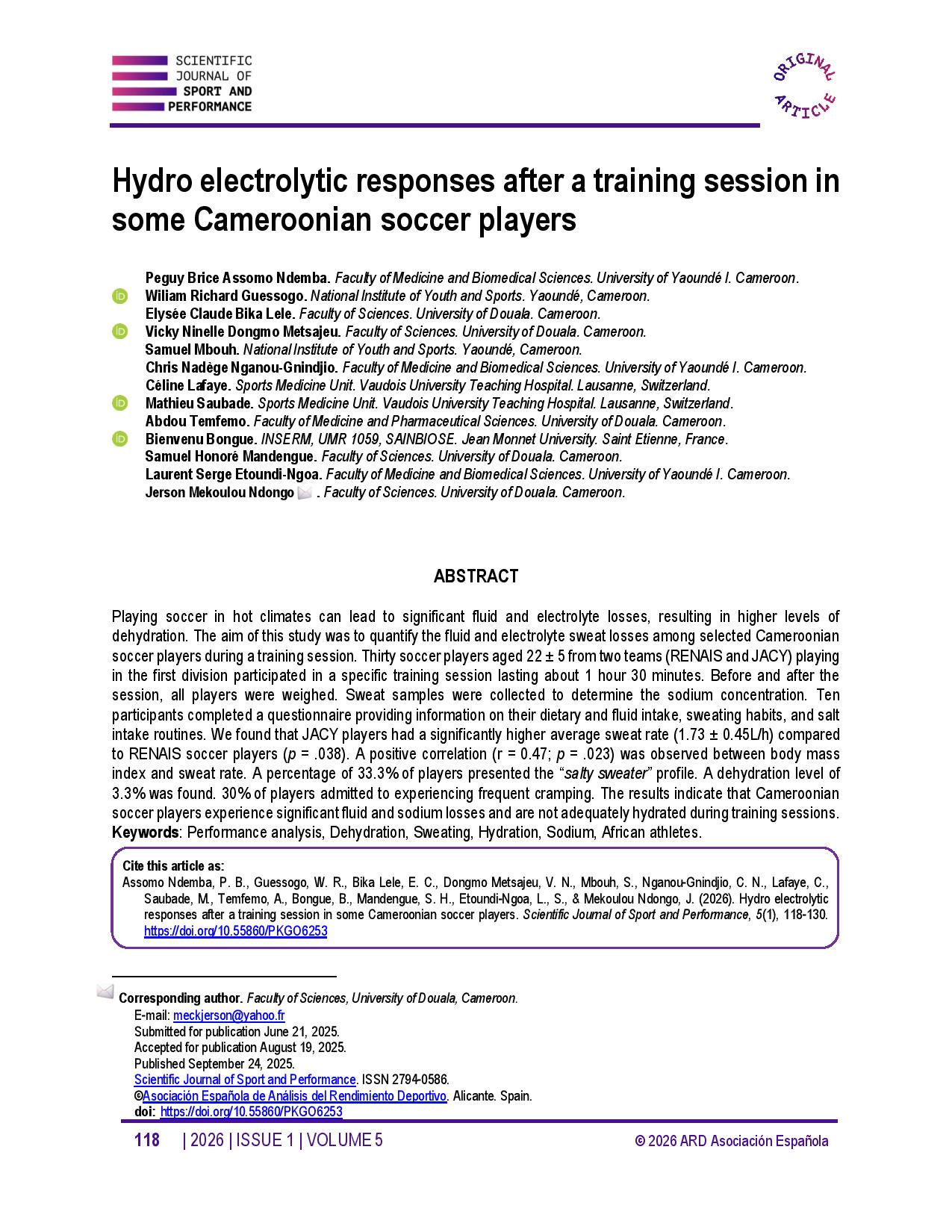 Hydro electrolytic responses after a training session in some Cameroonian soccer players