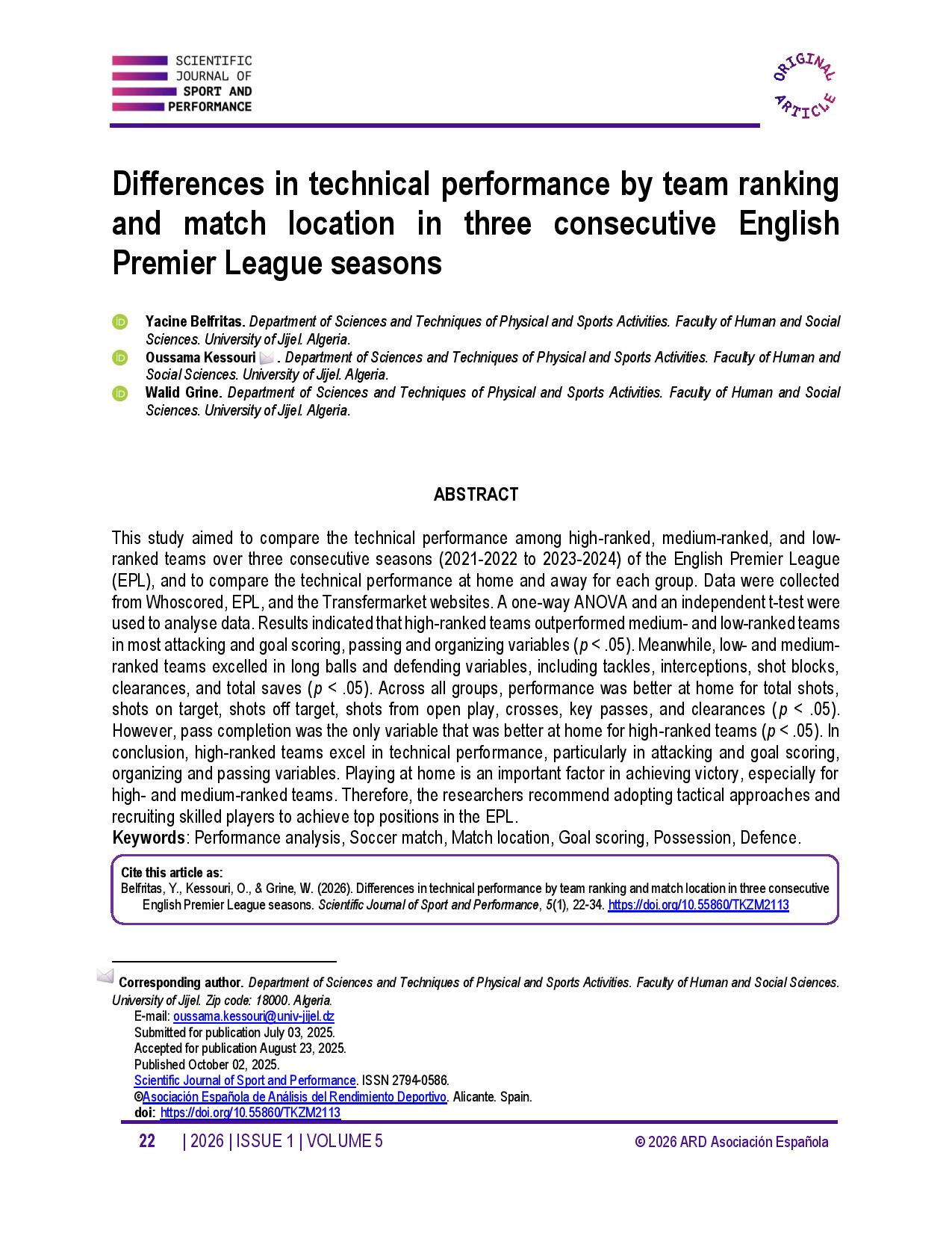 Differences in technical performance by team ranking and match location in three consecutive English Premier League seasons