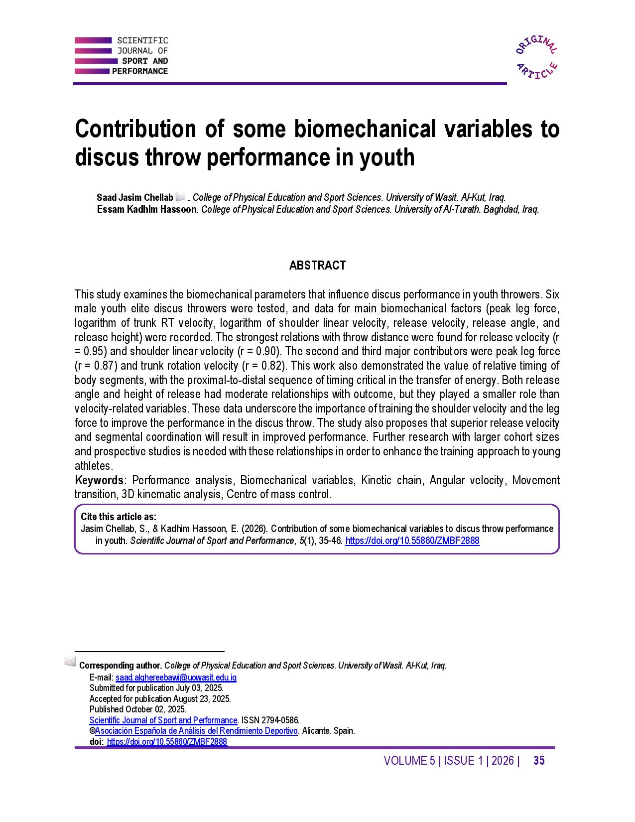 Contribution of some biomechanical variables to discus throw performance in youth