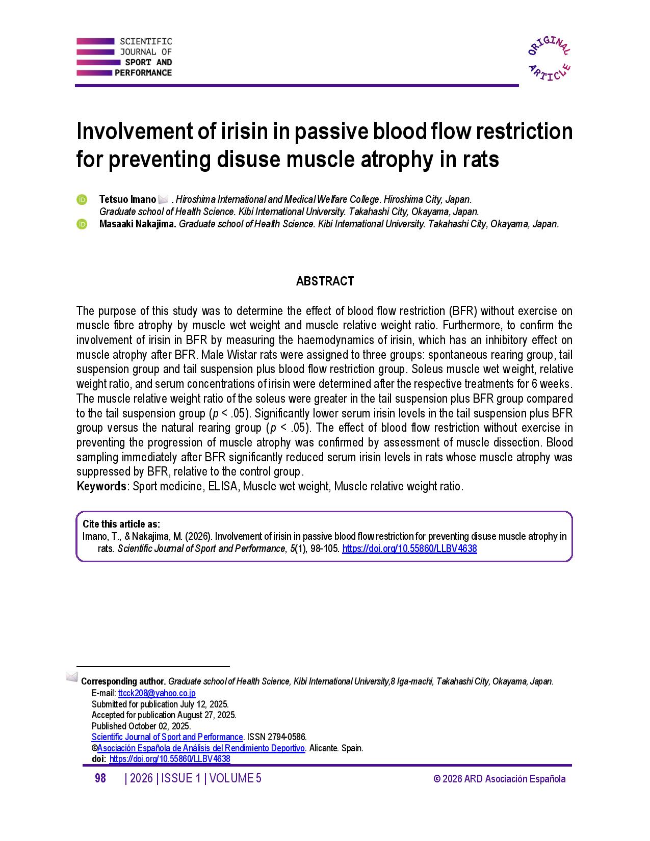  Involvement of irisin in passive blood flow restriction for preventing disuse muscle atrophy in rats