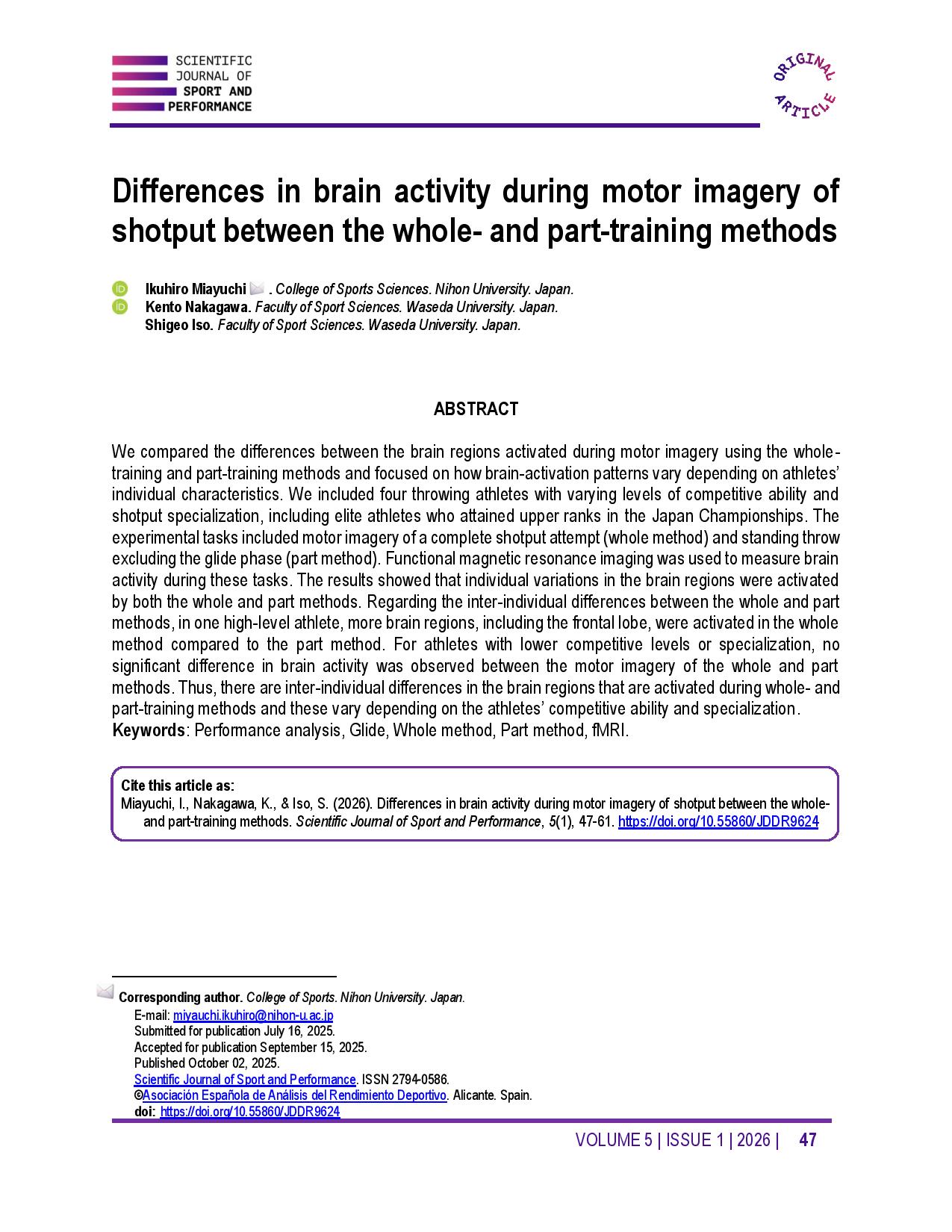 Differences in brain activity during motor imagery of shotput between the whole- and part-training methods