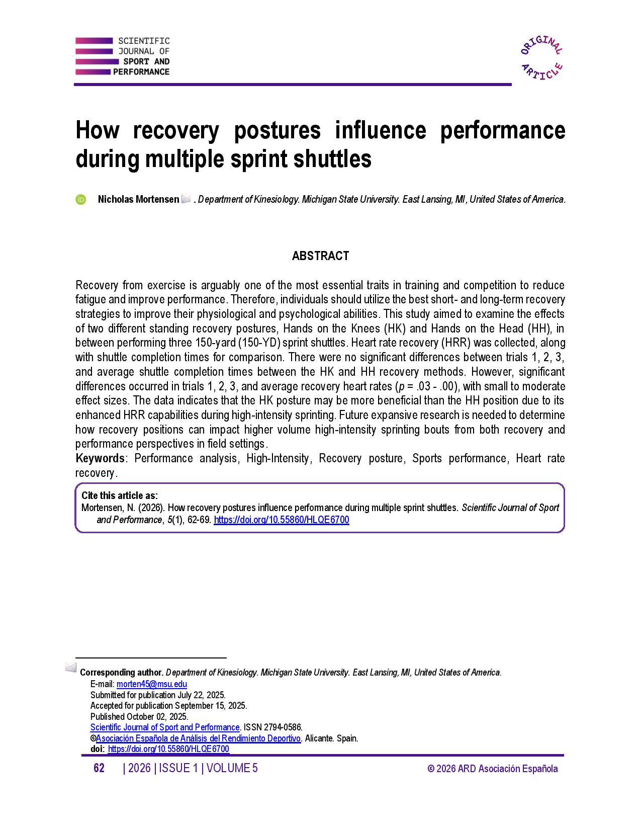 How recovery postures influence performance during multiple sprint shuttles