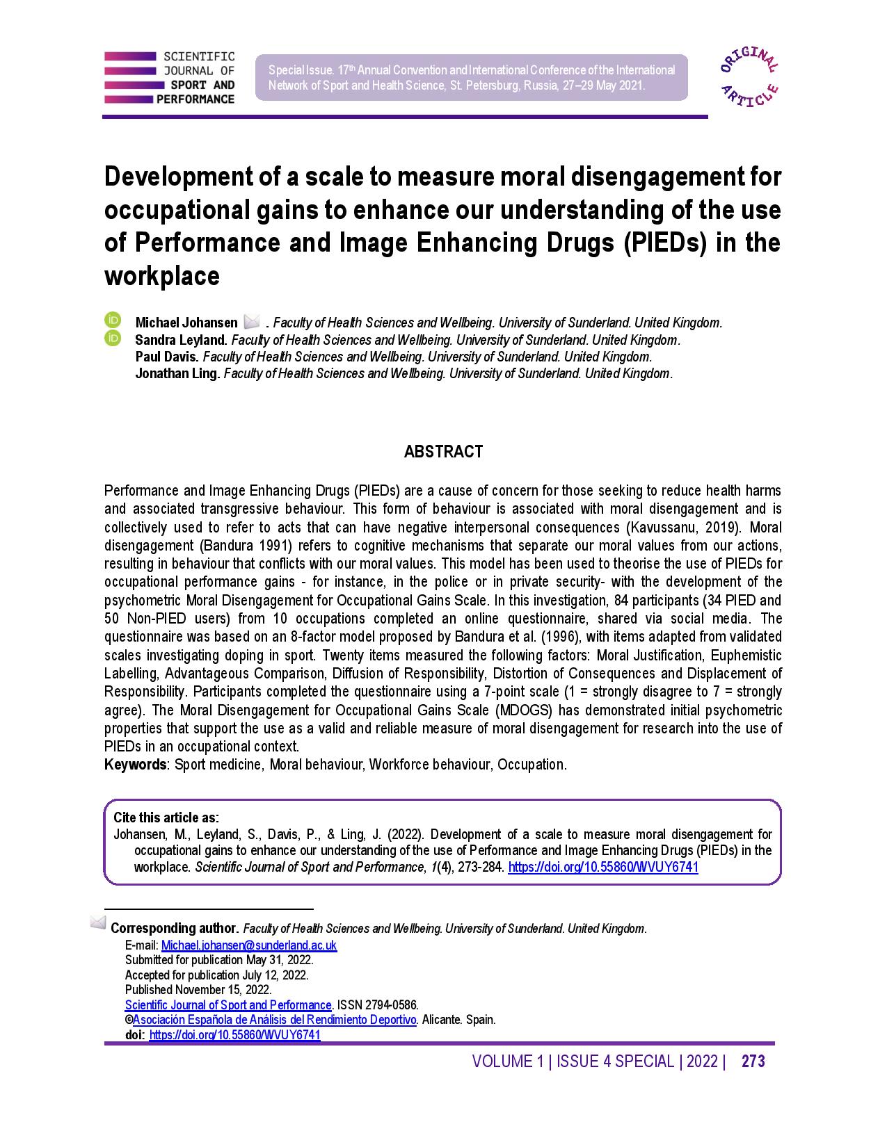 Development of a scale to measure moral disengagement for occupational gains to enhance our understanding of the use of Performance and Image Enhancing Drugs (PIEDs) in the workplace
