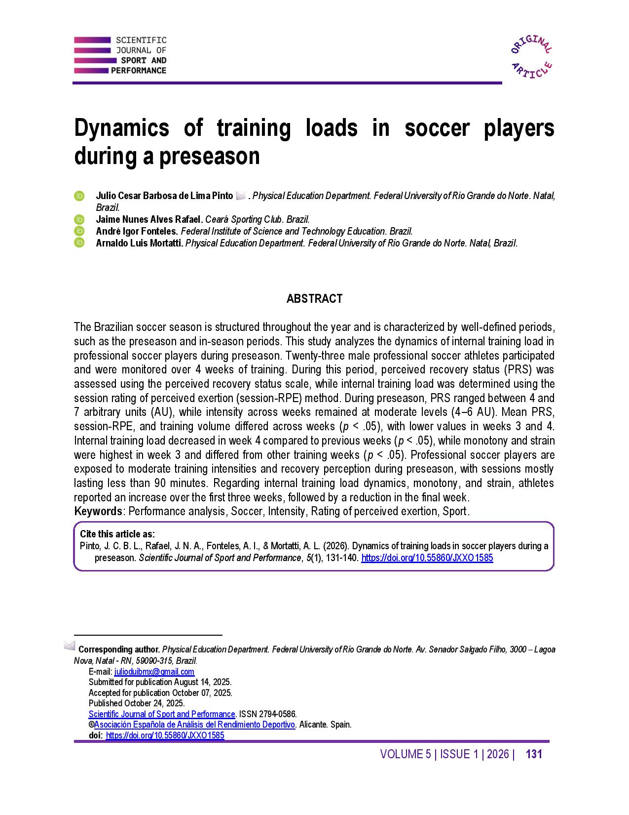 Dynamics of training loads in soccer players during a preseason