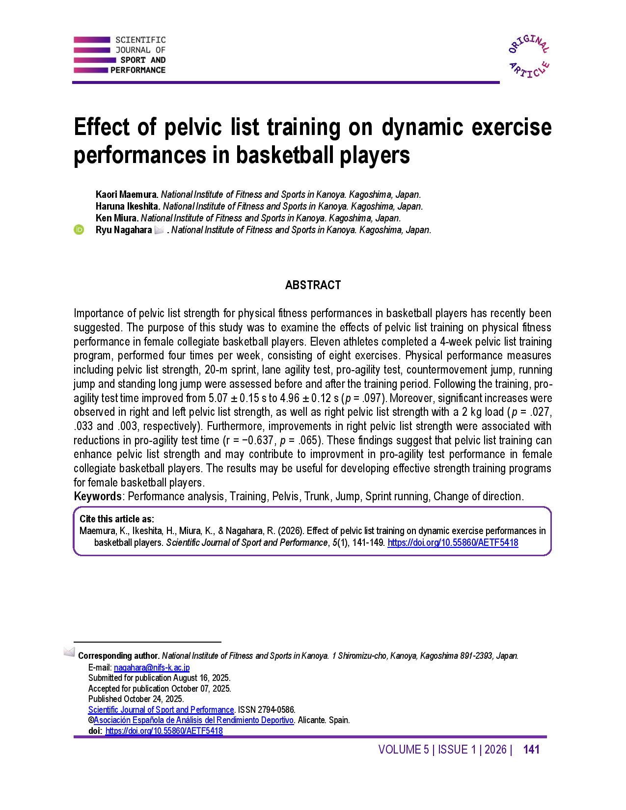 Effect of pelvic list training on dynamic exercise performances in basketball players
