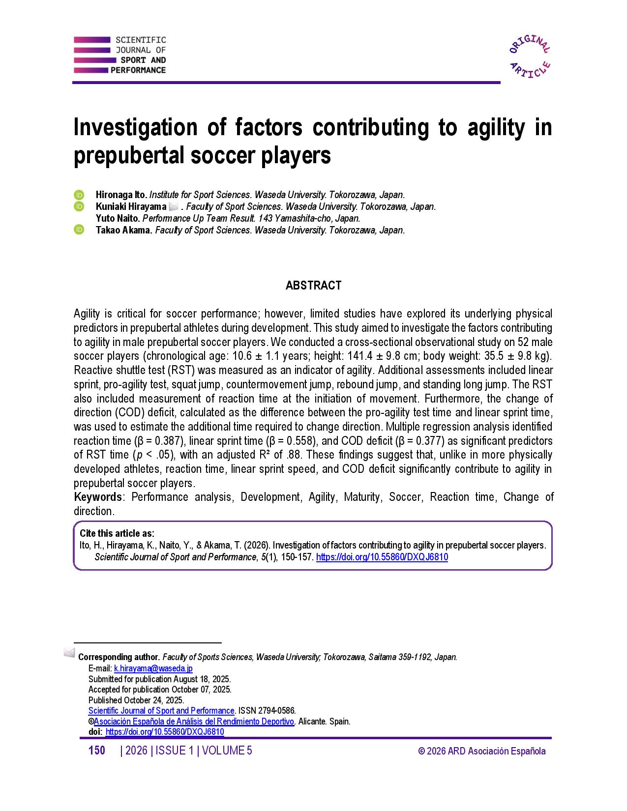 Investigation of factors contributing to agility in prepubertal soccer players