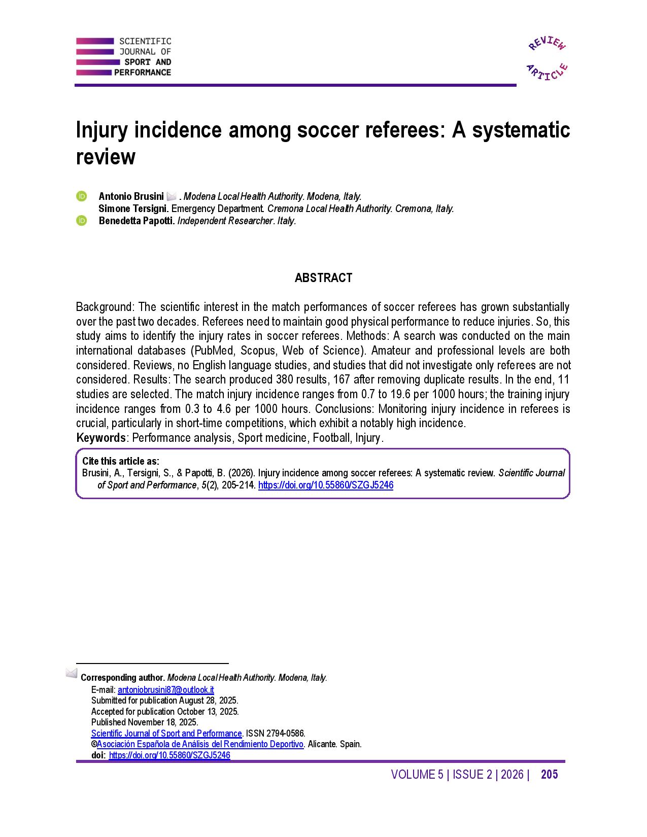 Injury incidence among soccer referees: A systematic review