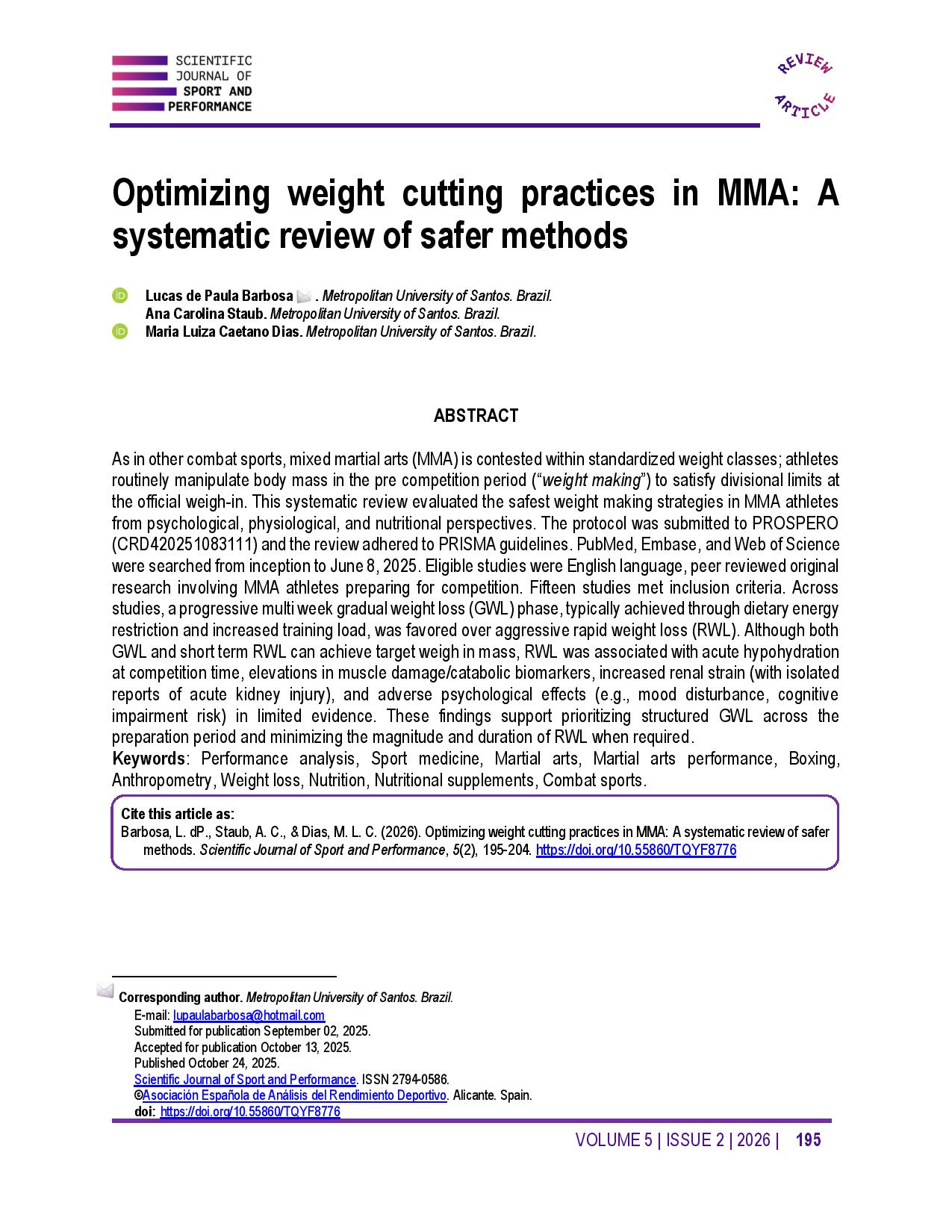 Optimizing weight cutting practices in MMA: A systematic review of safer methods
