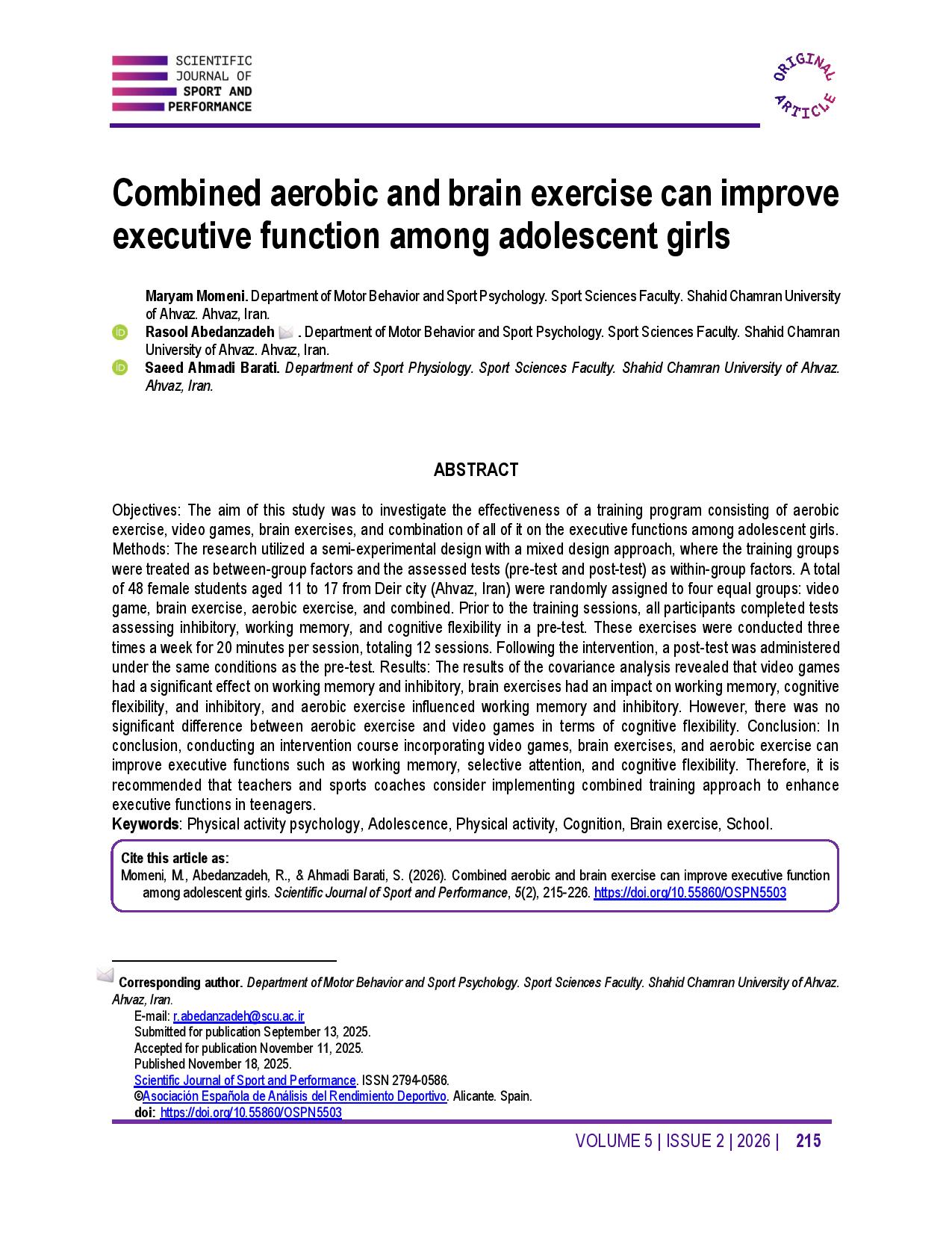 Combined aerobic and brain exercise can improve executive function among adolescent girls