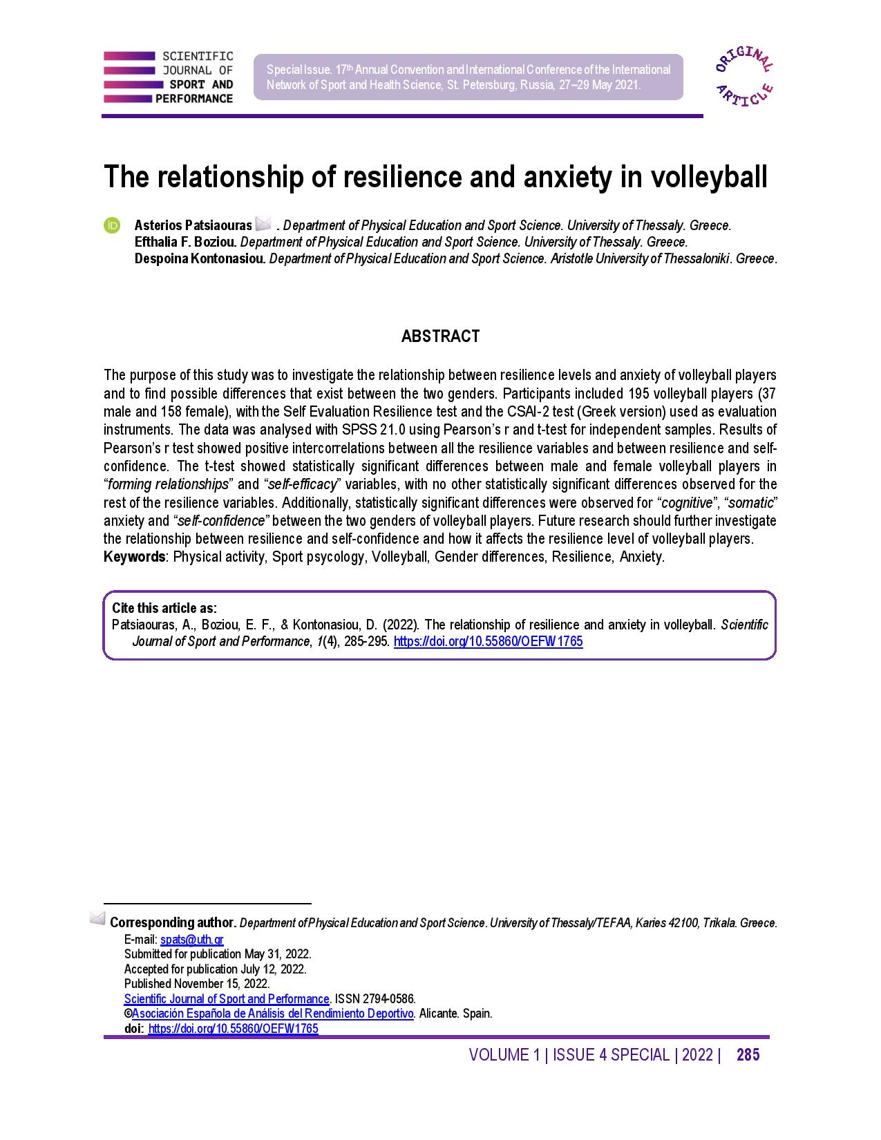 The relationship of resilience and anxiety in volleyball