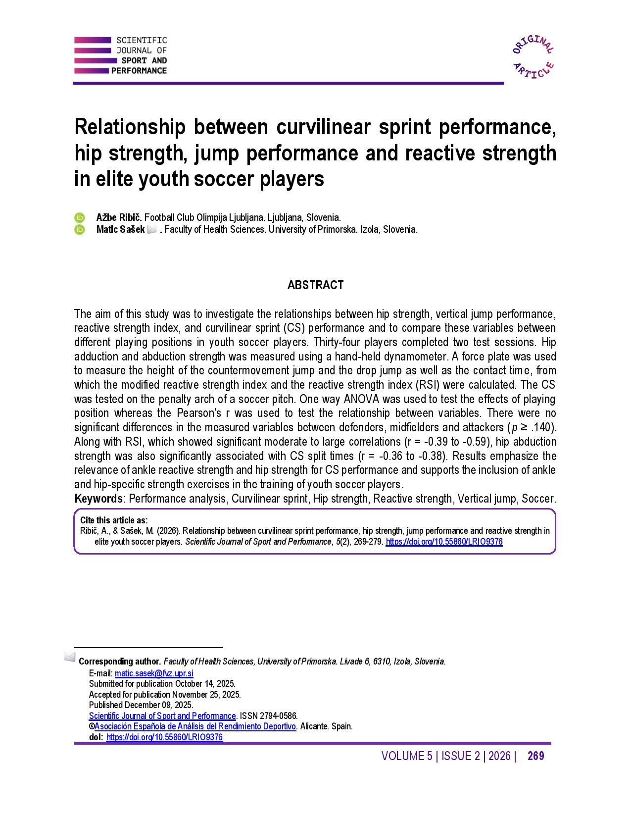 Relationship between curvilinear sprint performance, hip strength, jump performance and reactive strength in elite youth soccer players