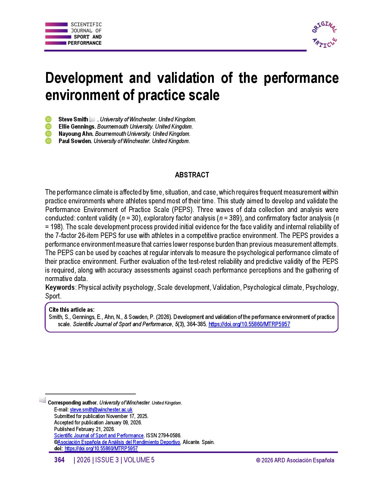 Development and validation of the performance environment of practice scale