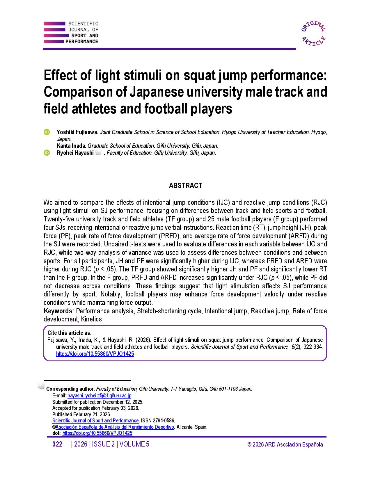 Effect of light stimuli on squat jump performance: Comparison of Japanese university male track and field athletes and football players