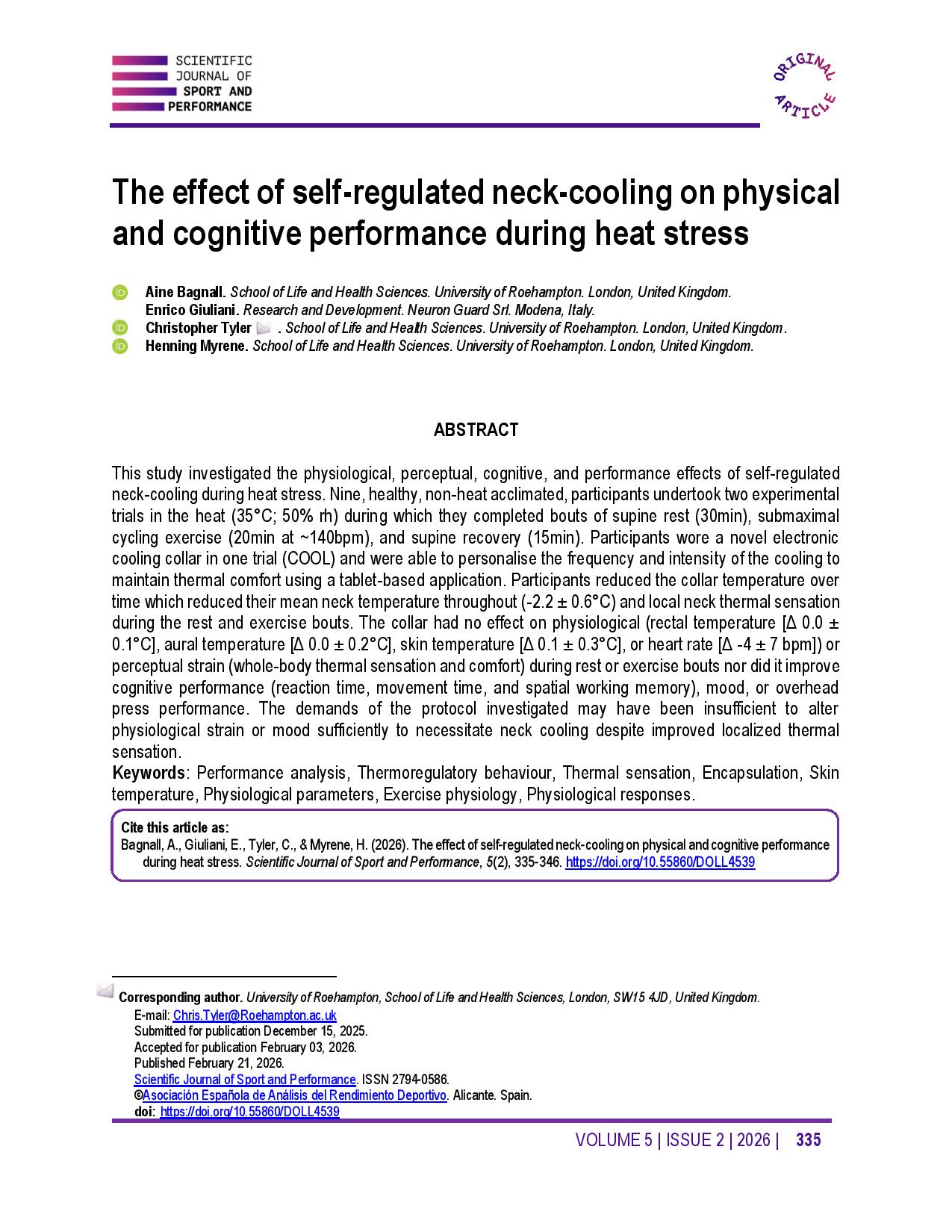 The effect of self-regulated neck-cooling on physical and cognitive performance during heat stress