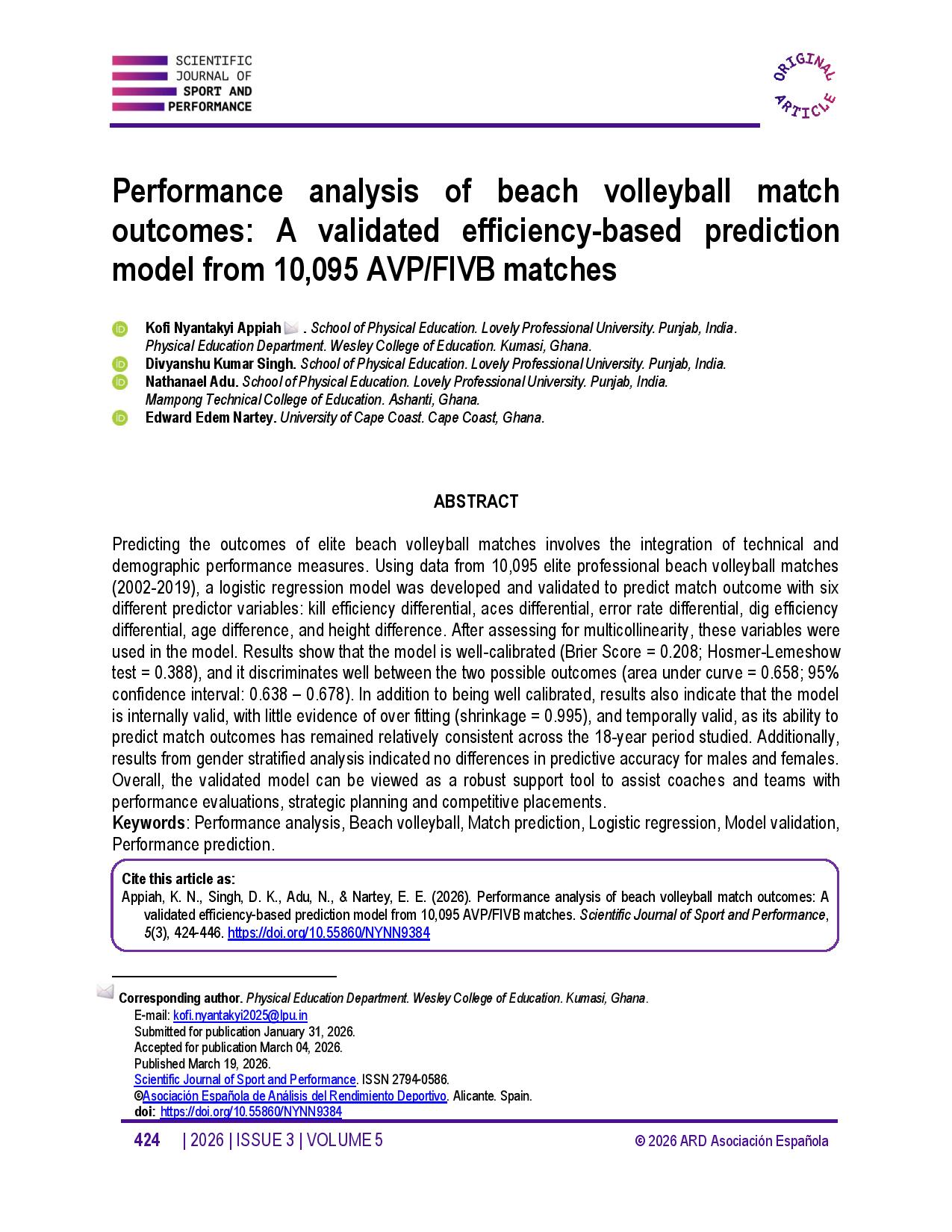 Performance analysis of beach volleyball match outcomes: A validated efficiency-based prediction model from 10,095 AVP/FIVB matches
