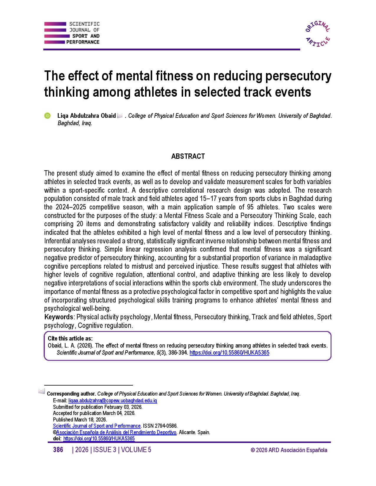 The effect of mental fitness on reducing persecutory thinking among athletes in selected track events