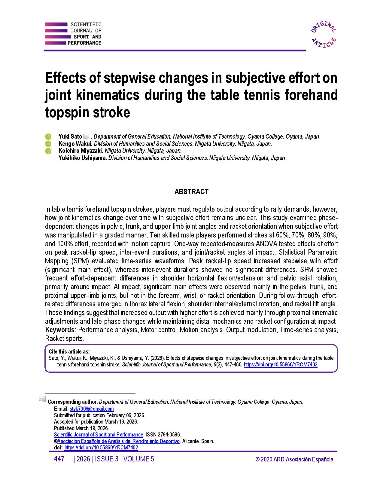 Effects of stepwise changes in subjective effort on joint kinematics during the table tennis forehand topspin stroke