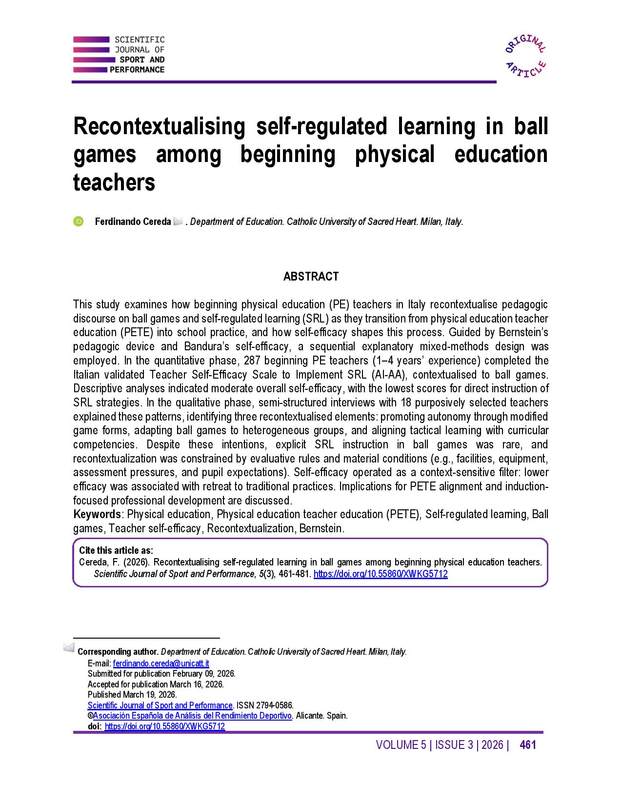 Recontextualising self-regulated learning in ball games among beginning physical education teachers