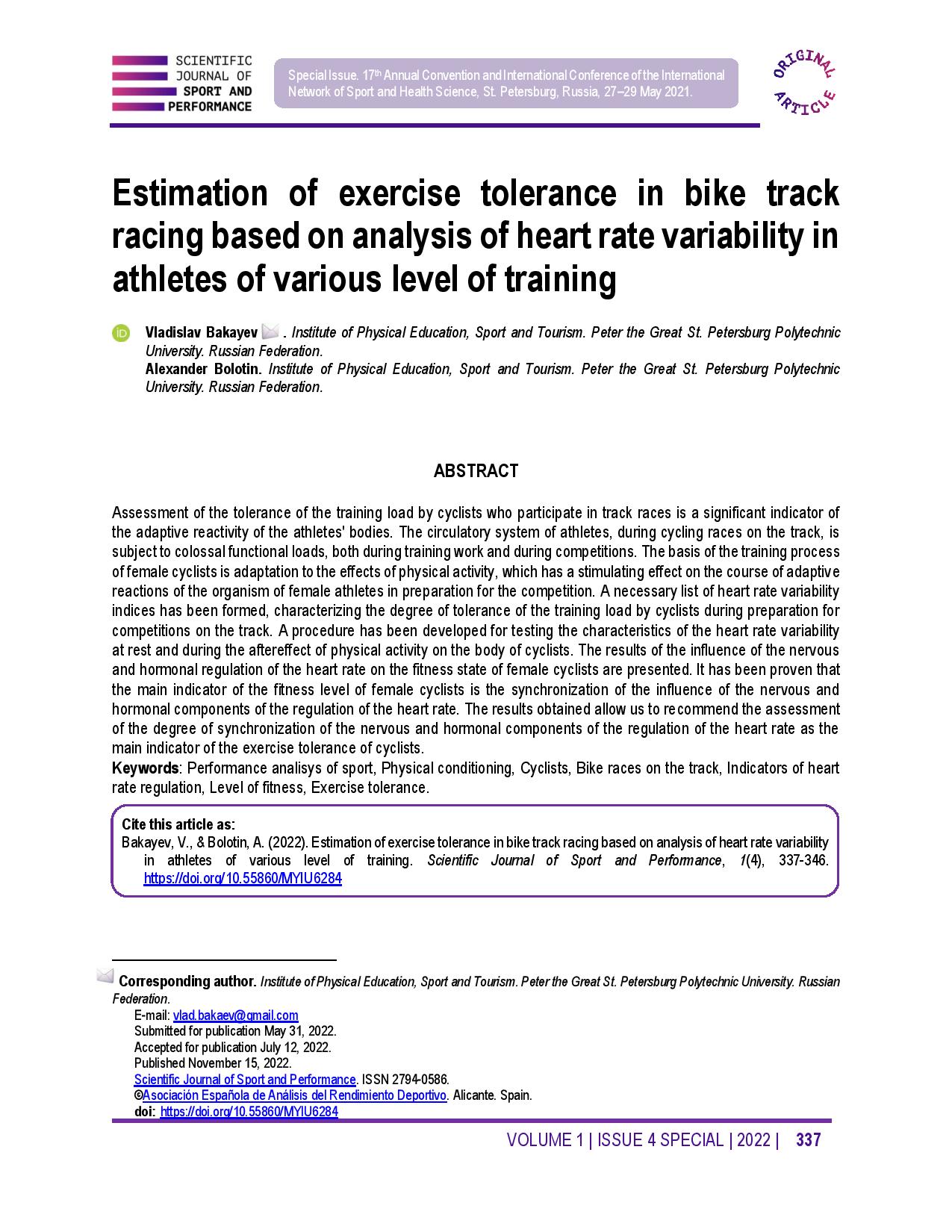 Estimation of exercise tolerance in bike track racing based on analysis of heart rate variability in athletes of various level of training