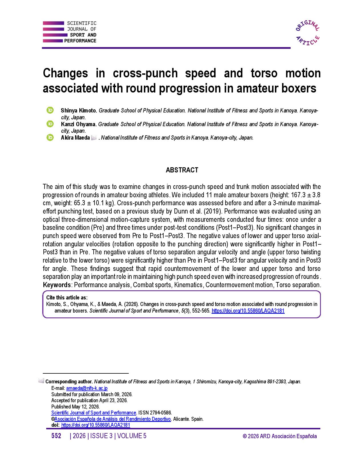 Changes in cross-punch speed and torso motion associated with round progression in amateur boxers