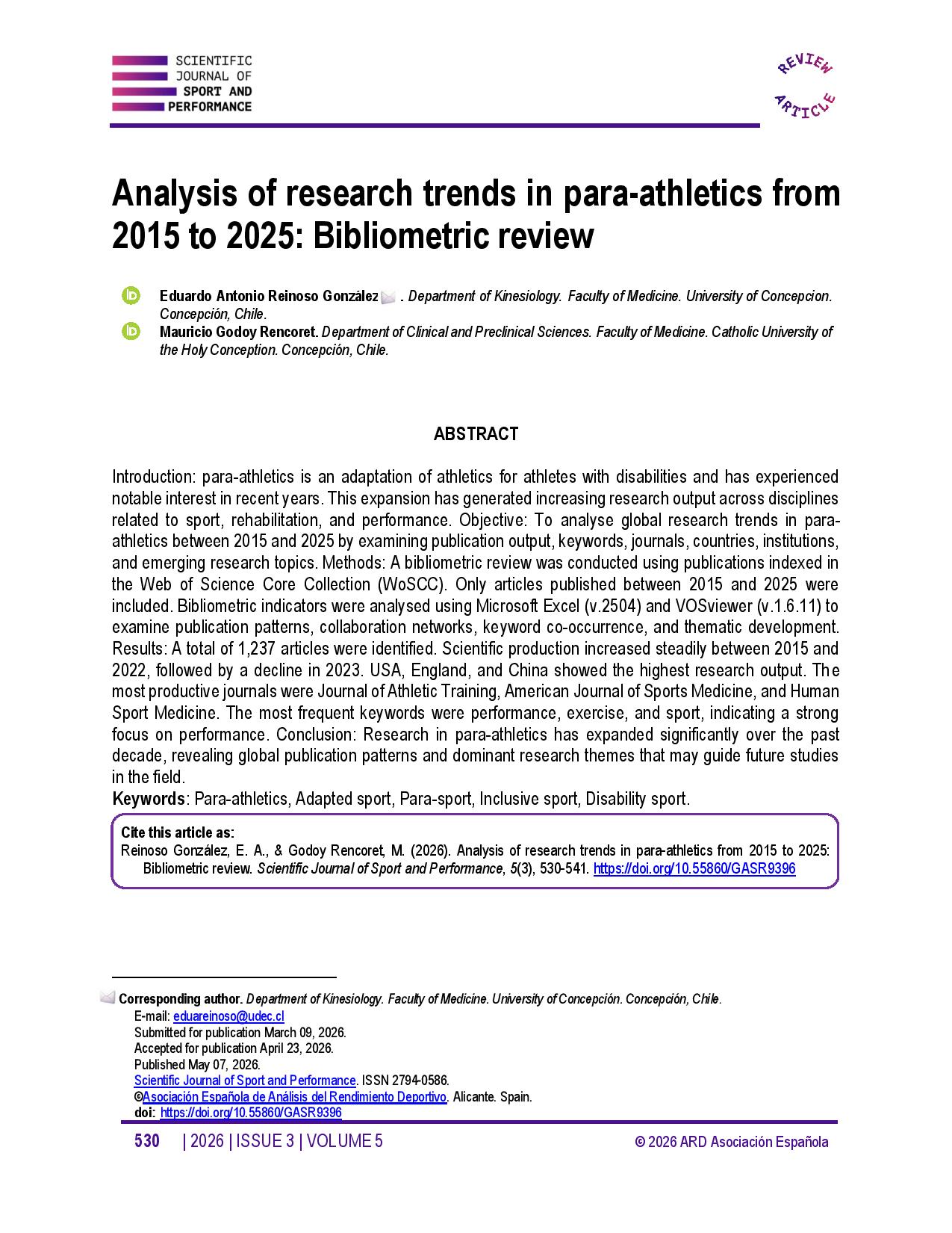 Analysis of research trends in para-athletics from 2015 to 2025: Bibliometric review