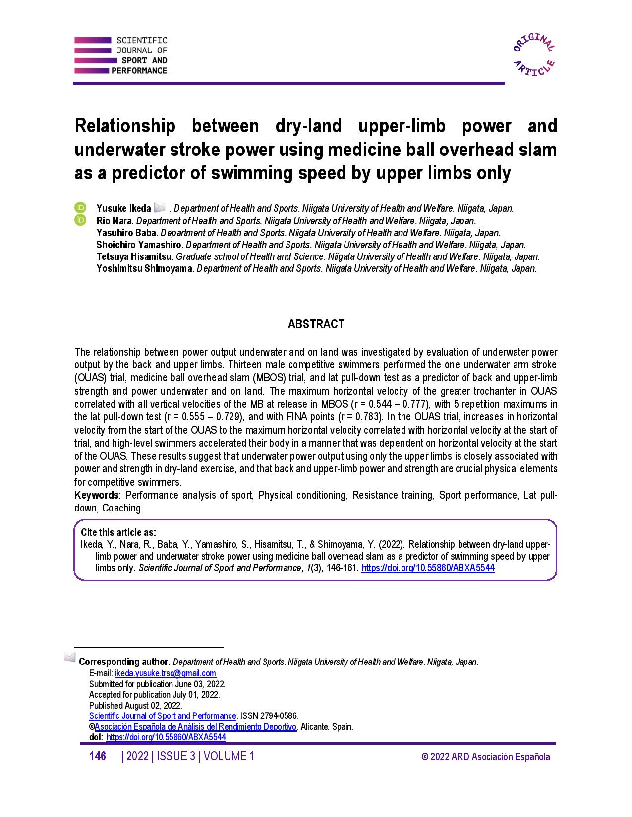 Relationship between dry-land upper-limb power and underwater stroke power using medicine ball overhead slam as a predictor of swimming speed by upper limbs only