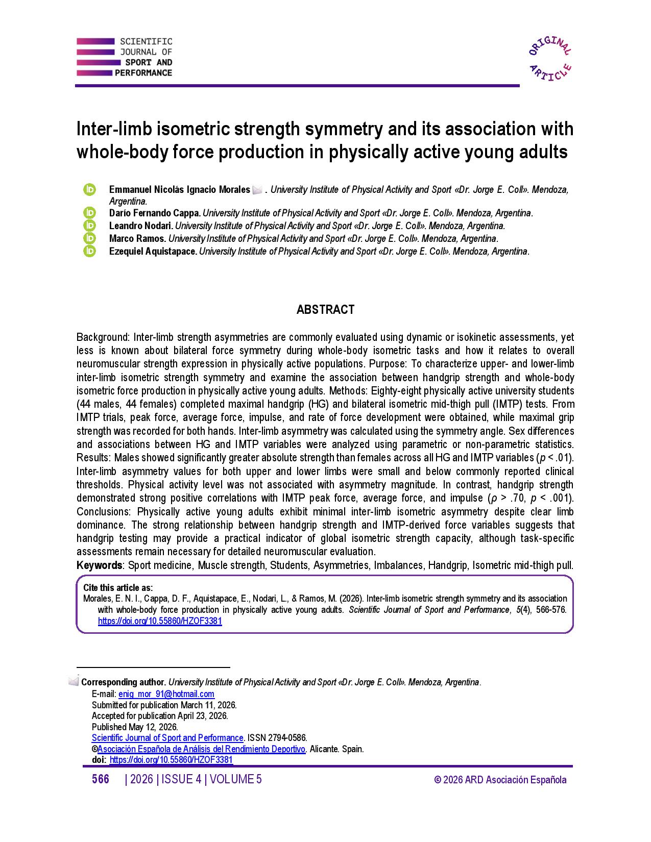Inter-limb isometric strength symmetry and its association with whole-body force production in physically active young adults