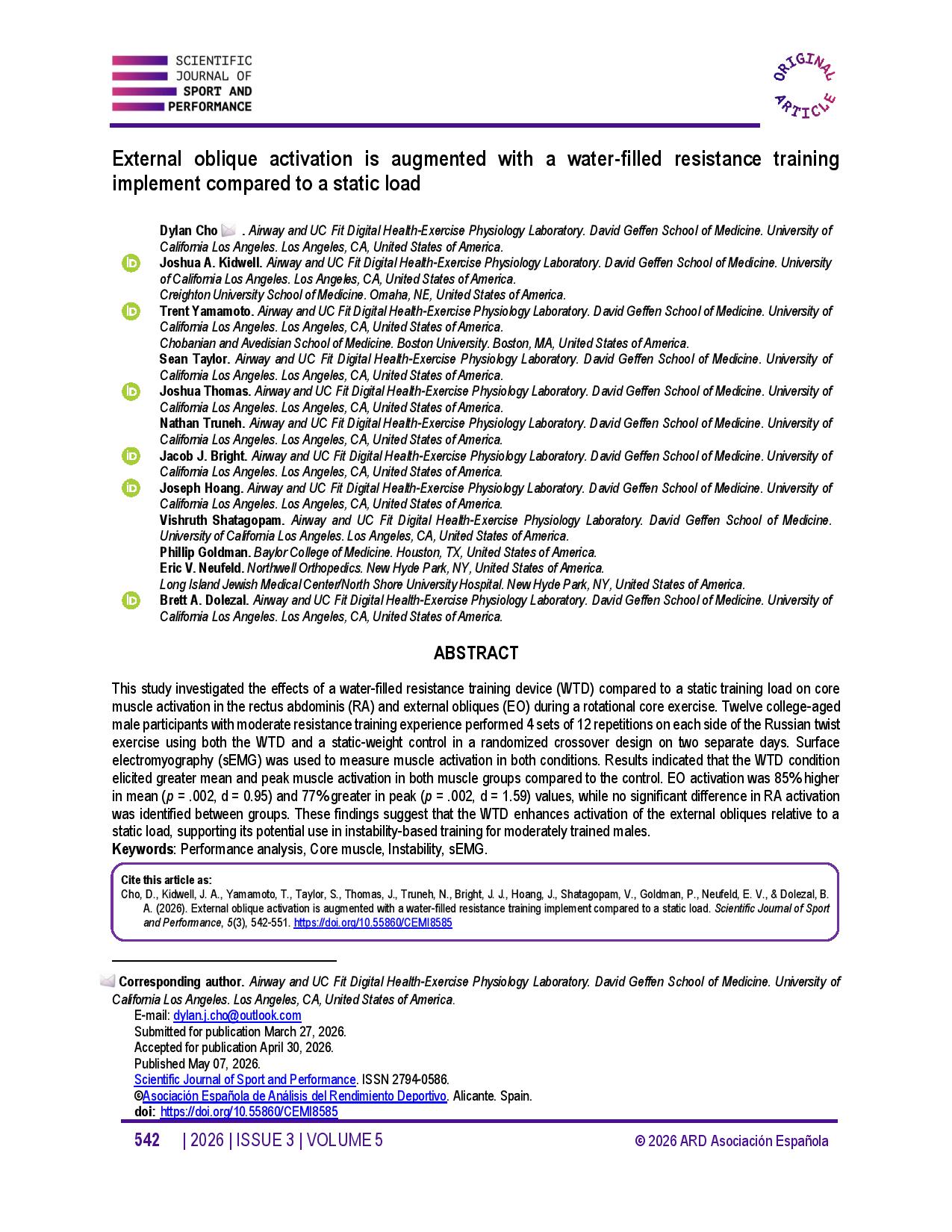 External oblique activation is augmented with a water-filled resistance training implement compared to a static load