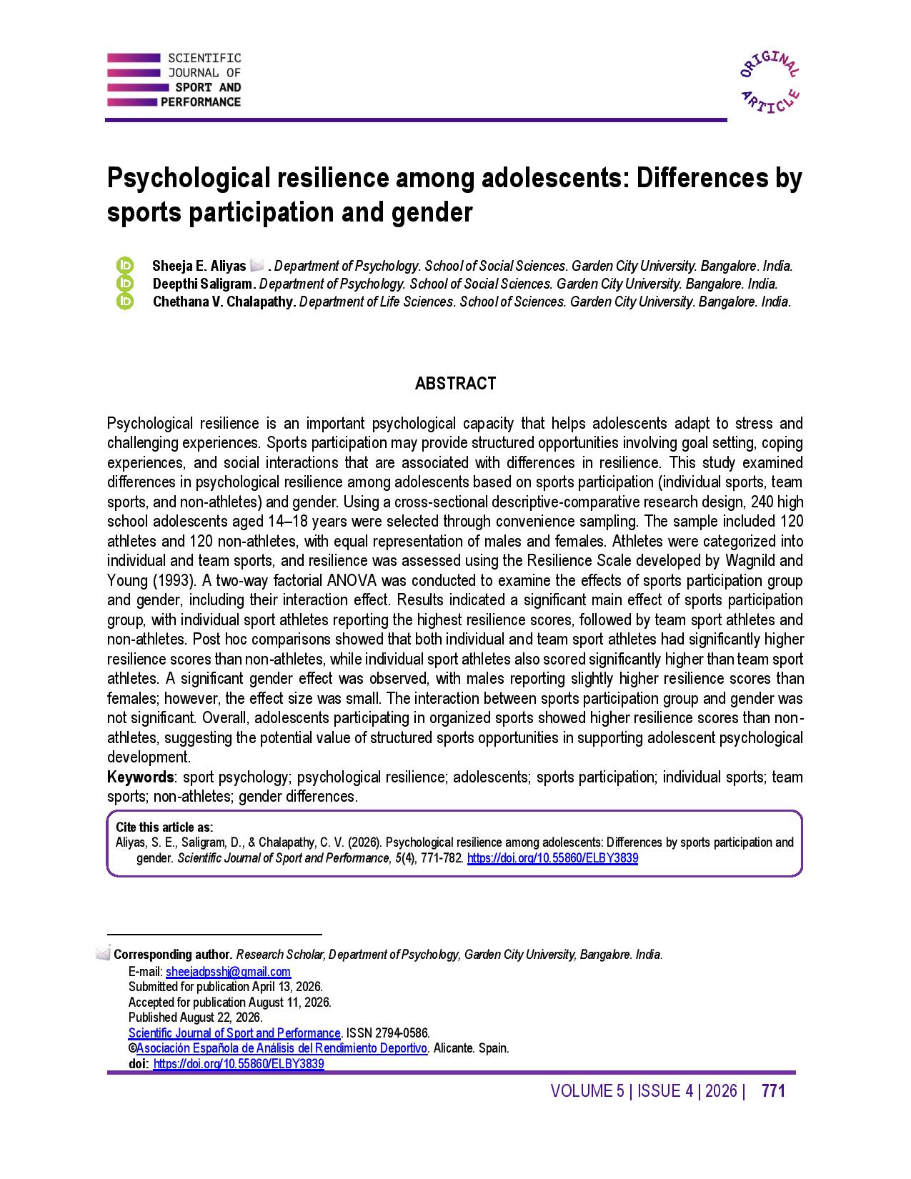Psychological resilience among adolescents: Differences by sports participation and gender