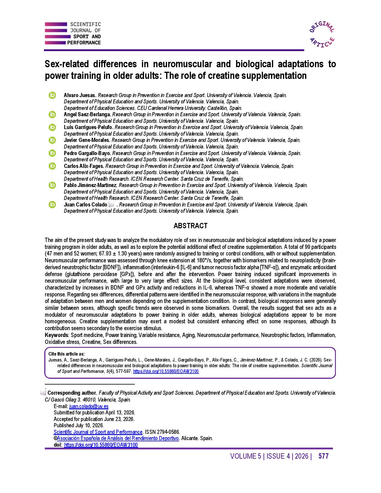 Sex-related differences in neuromuscular and biological adaptations to power training in older adults: The role of creatine supplementation