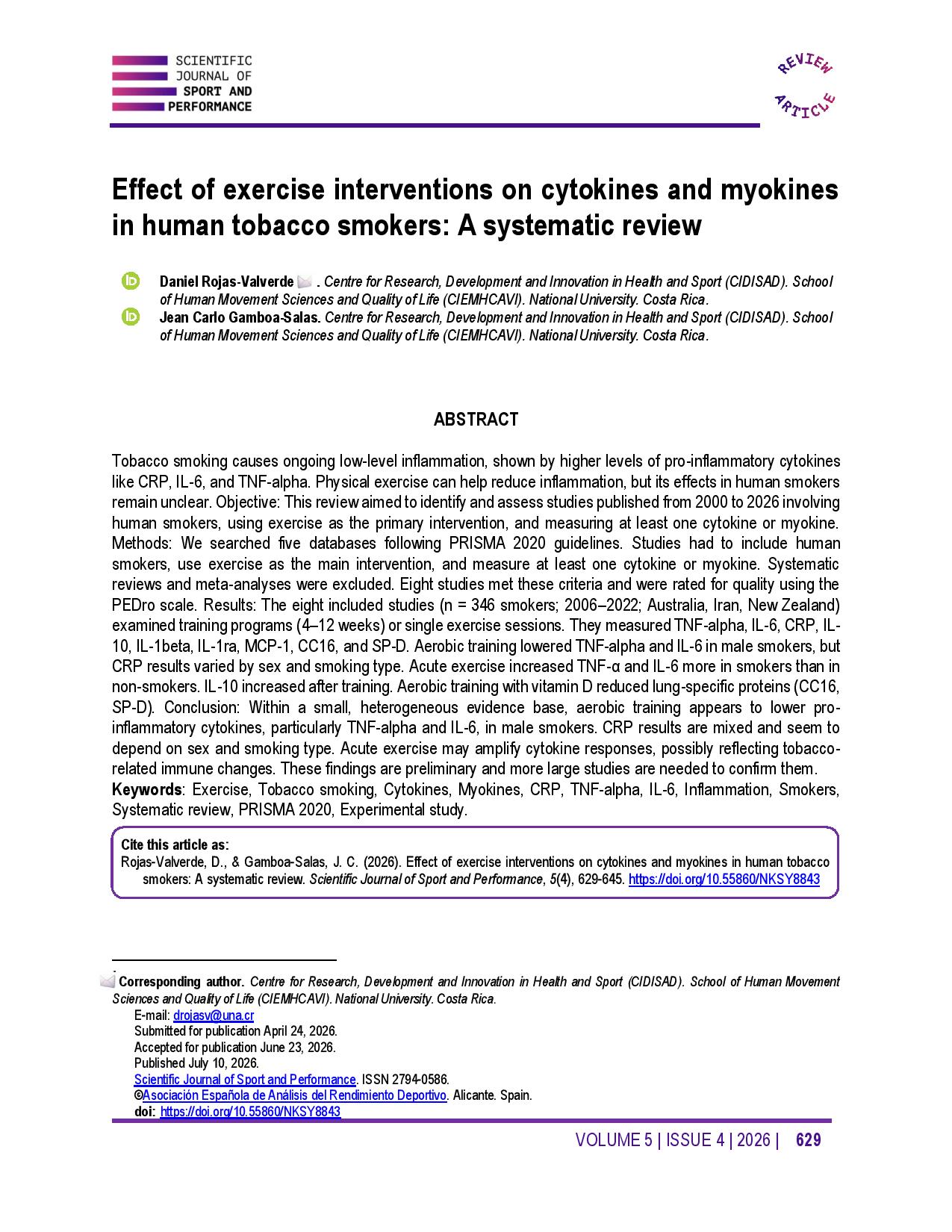  Effect of exercise interventions on cytokines and myokines in human tobacco smokers: A systematic review