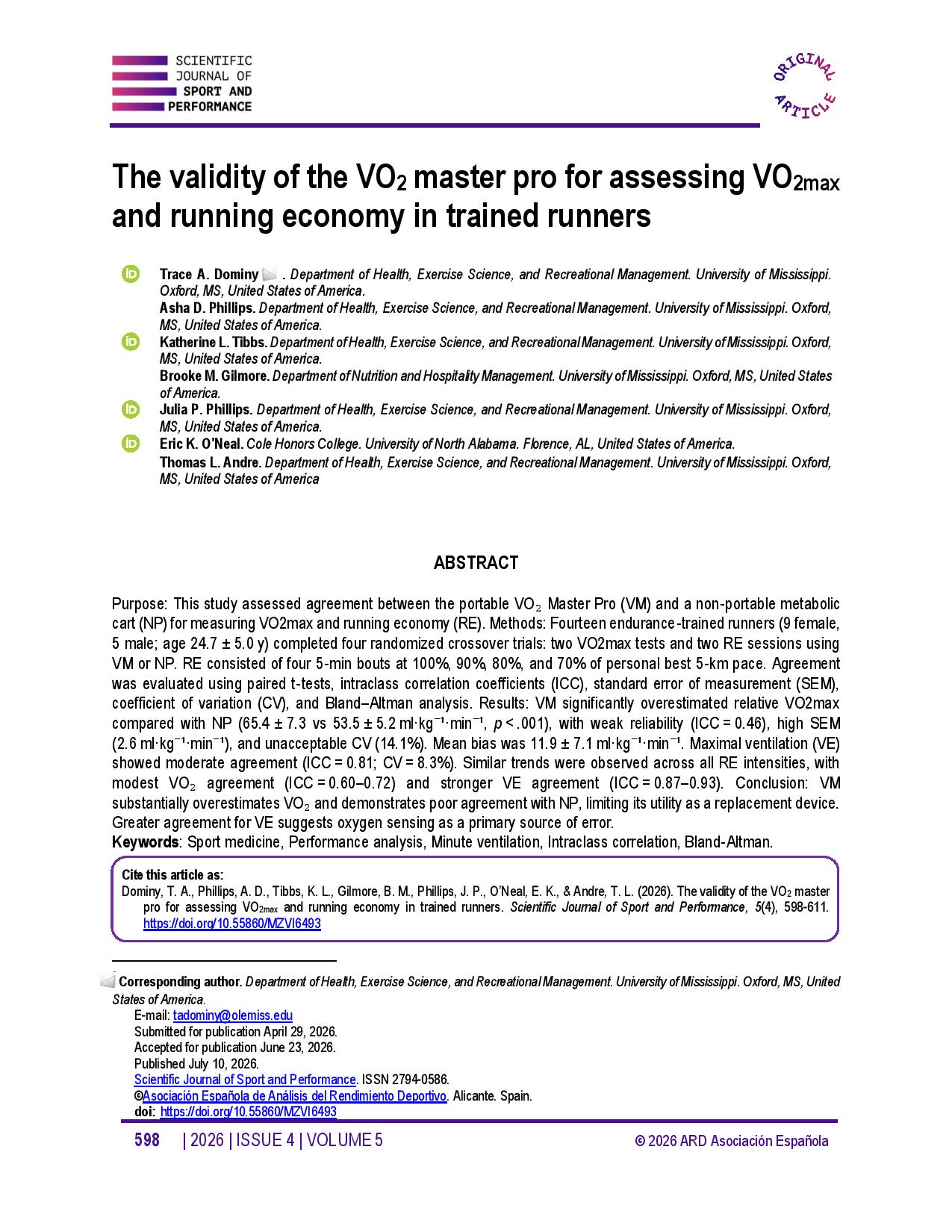 The validity of the VO2 master pro for assessing VO2max and running economy in trained runners
