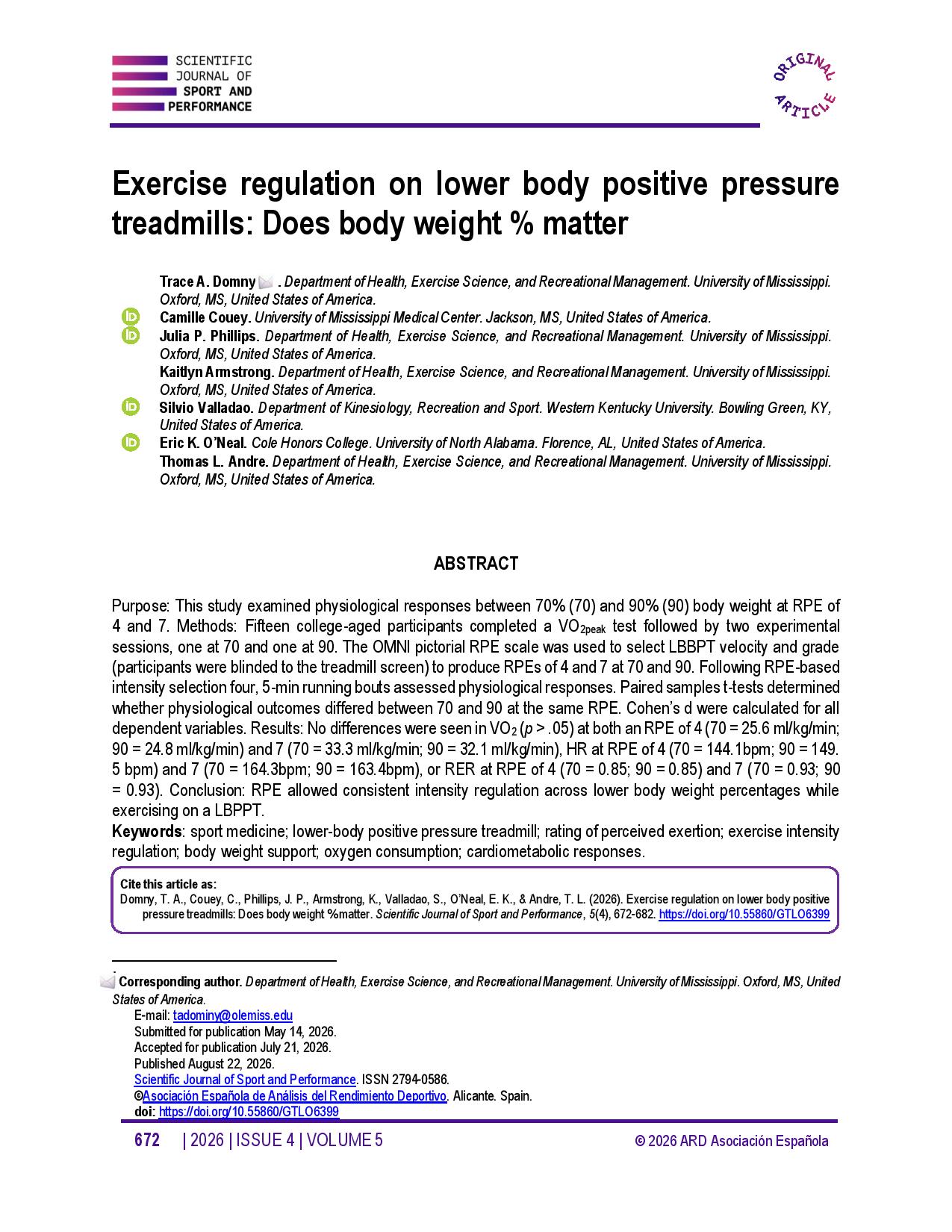  Exercise regulation on lower body positive pressure treadmills: Does body weight % matter