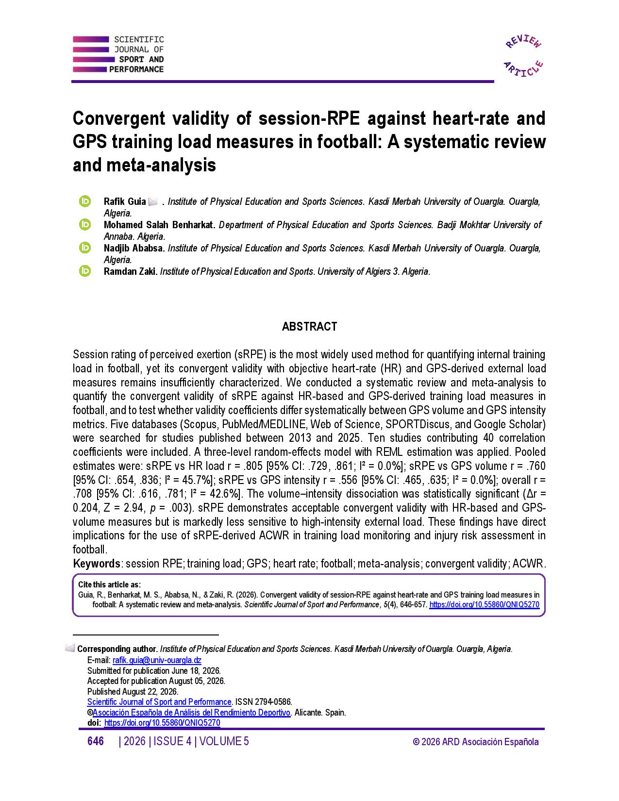Convergent validity of session-RPE against heart-rate and GPS training load measures in football: A systematic review and meta-analysis