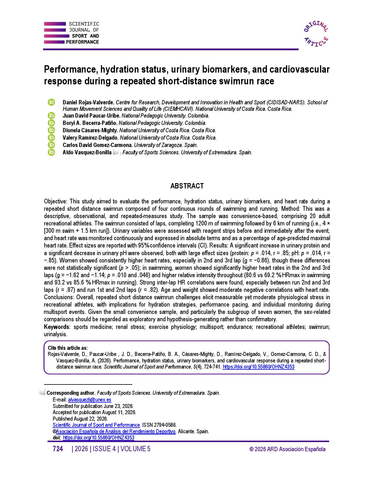 Performance, hydration status, urinary biomarkers, and cardiovascular response during a repeated short-distance swimrun race