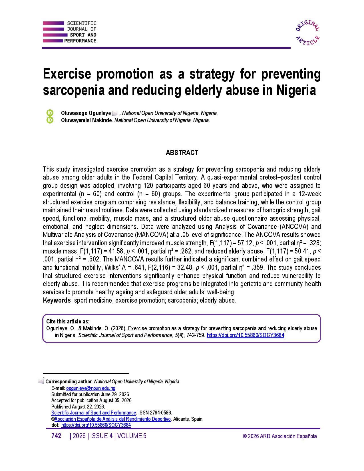 Exercise promotion as a strategy for preventing sarcopenia and reducing elderly abuse in Nigeria
